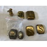 Collection of brass harness plates; show nails; and other brass fitments.