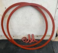A pair of 35" ring plates for a dray and brake hangers with a brake wheel