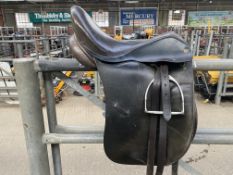 Black dressage saddle 17.5", with stirrups