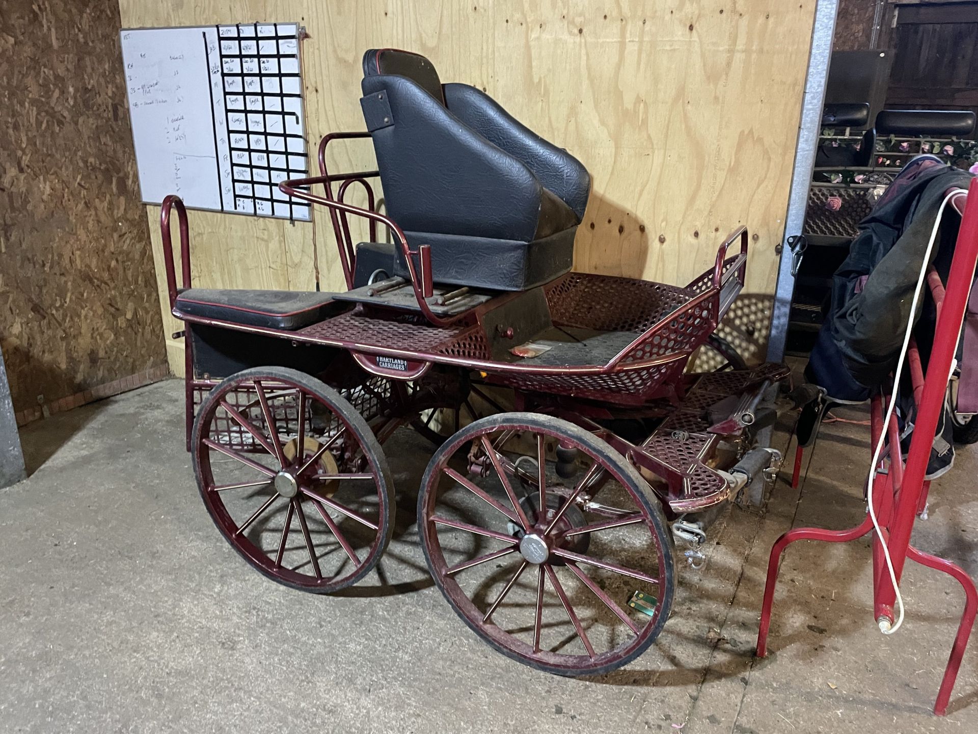 MARATHON VEHICLE by Hartland Carriages to suit 15hh pair. Painted burgundy with white lining and