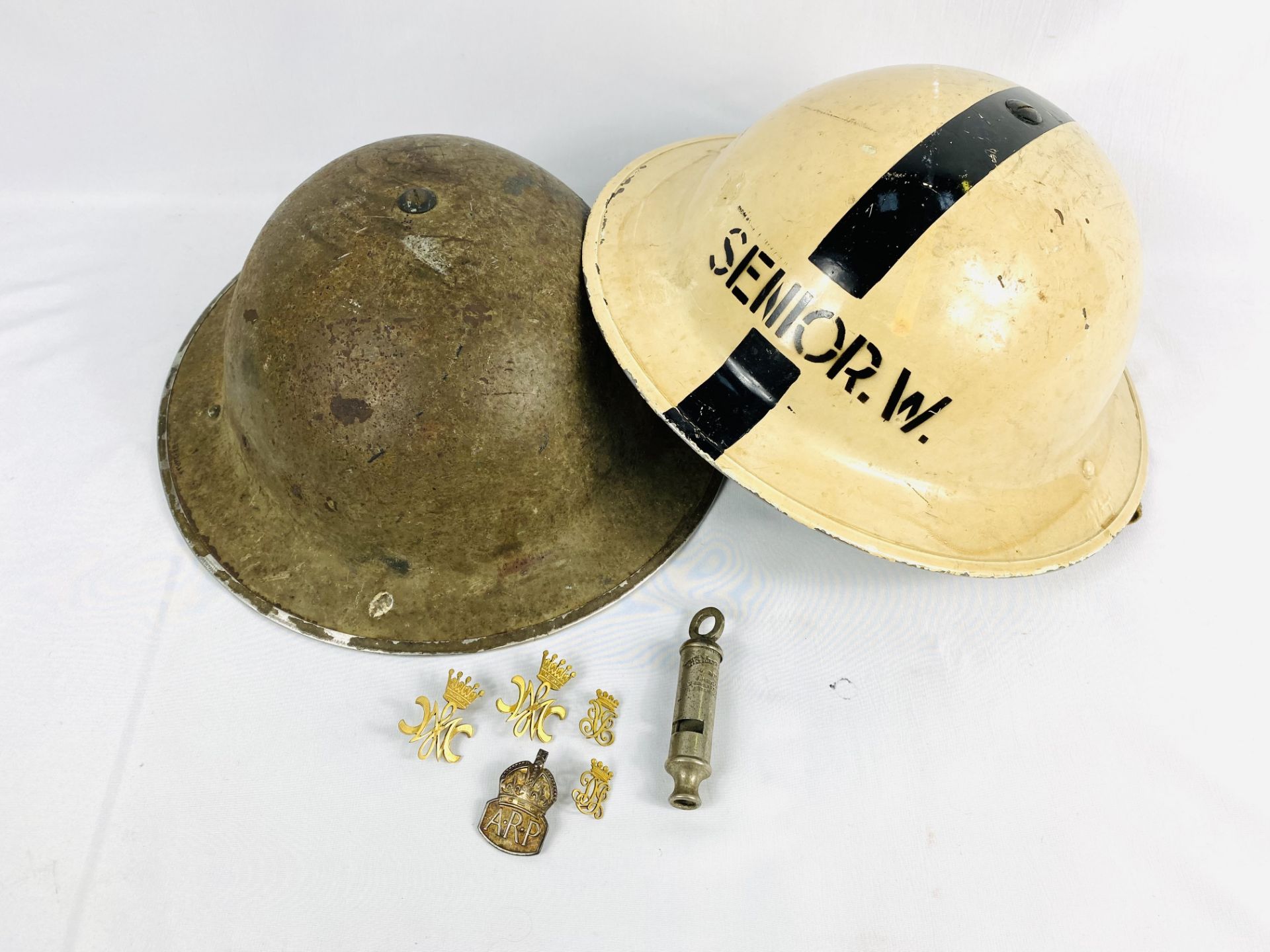 Warden's air raid helmet, a steel military helmet, cap badges and whistle - Image 2 of 5