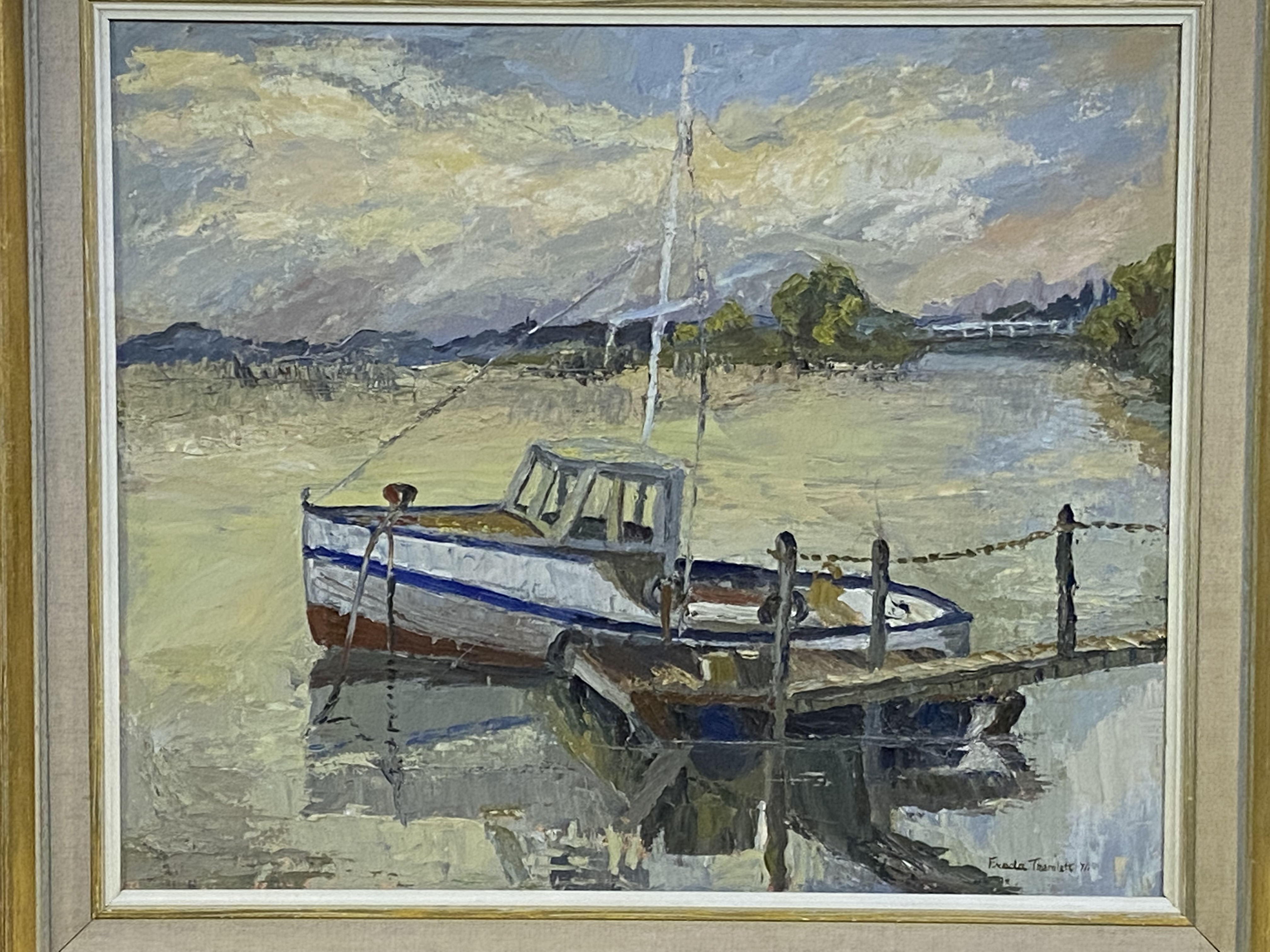 Framed oil on board of a boat in harbour