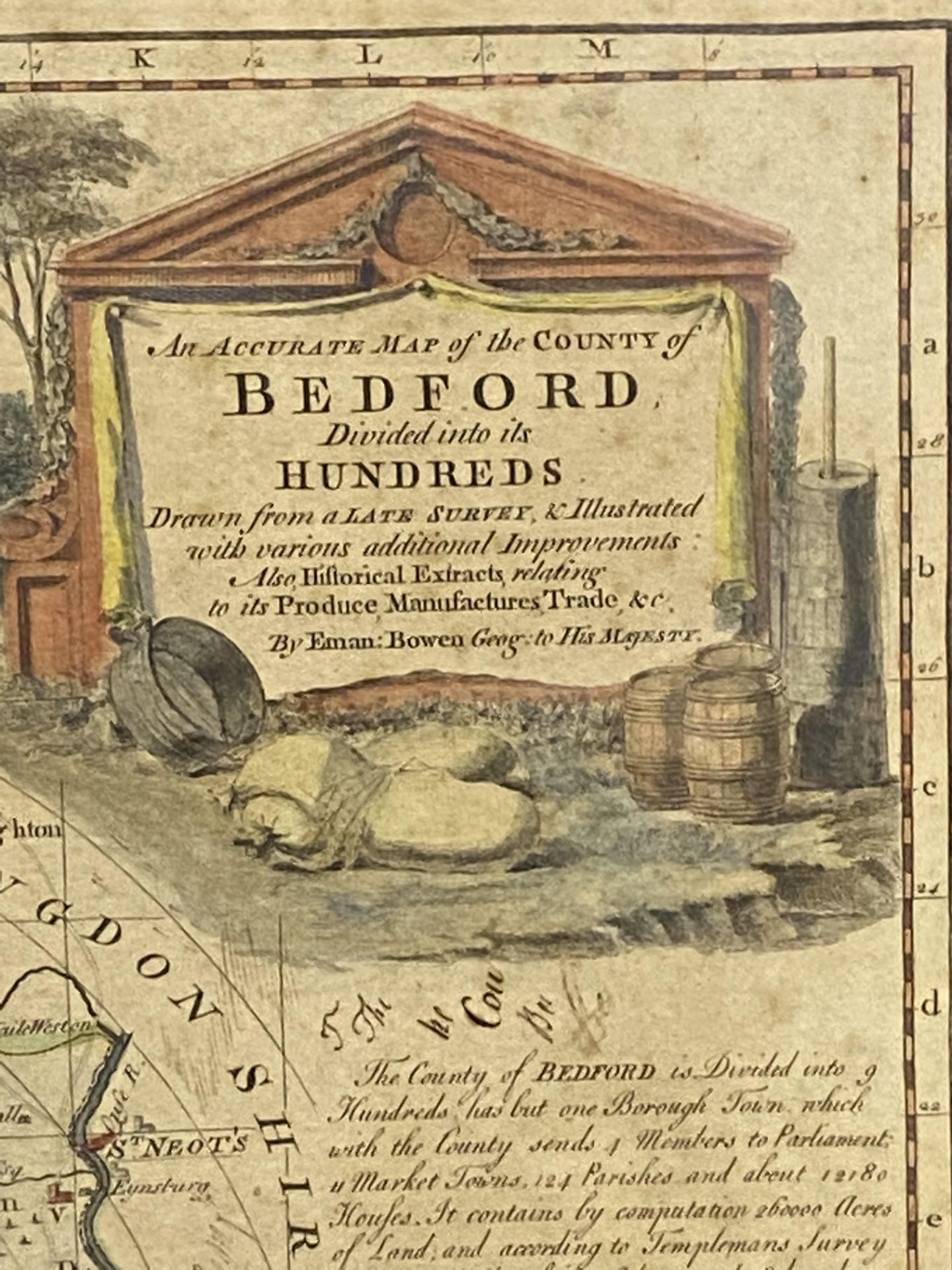 Framed and glazed map of Bedford together with a hand coloured map of Bedfordshire - Image 9 of 11