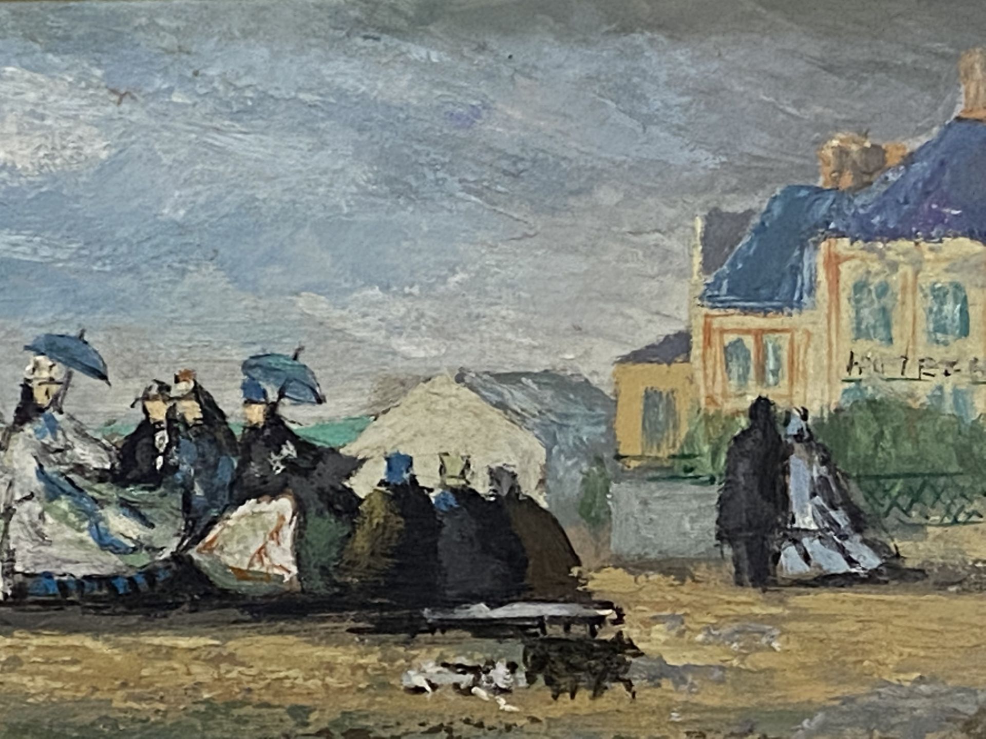 Oil on board of a sea front scene