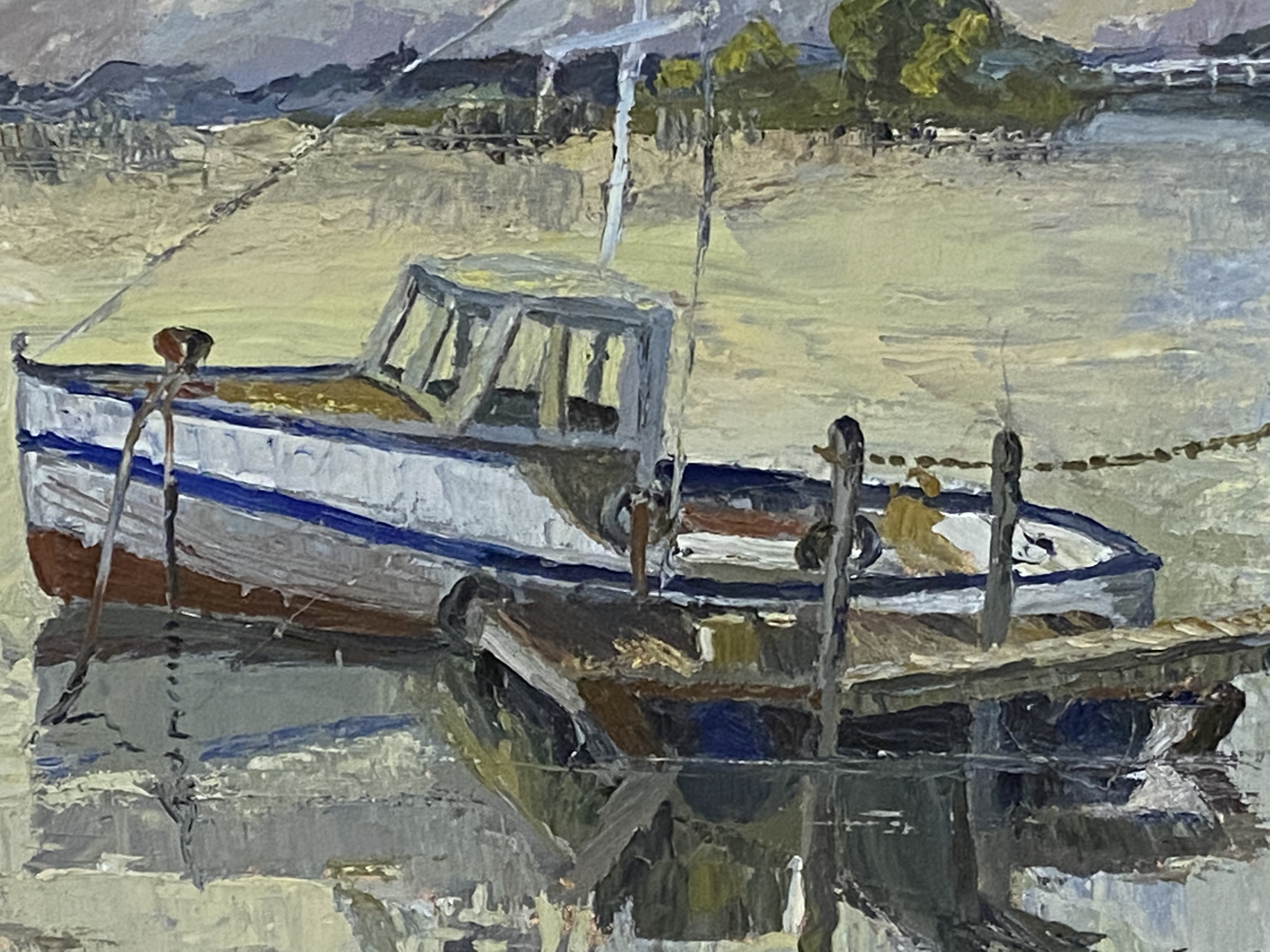 Framed oil on board of a boat in harbour - Image 2 of 4