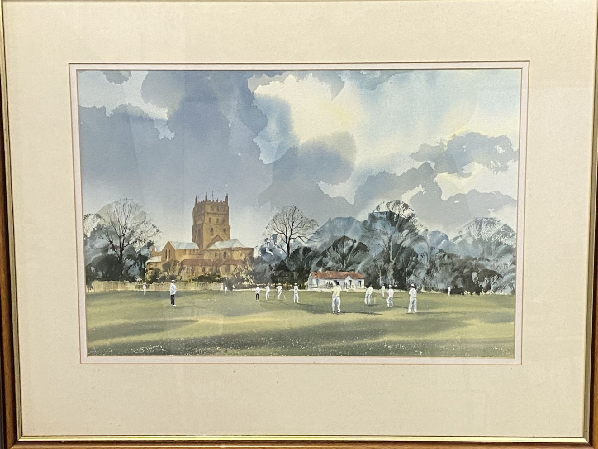 Framed and glazed watercolour of a cricket match - Image 4 of 5