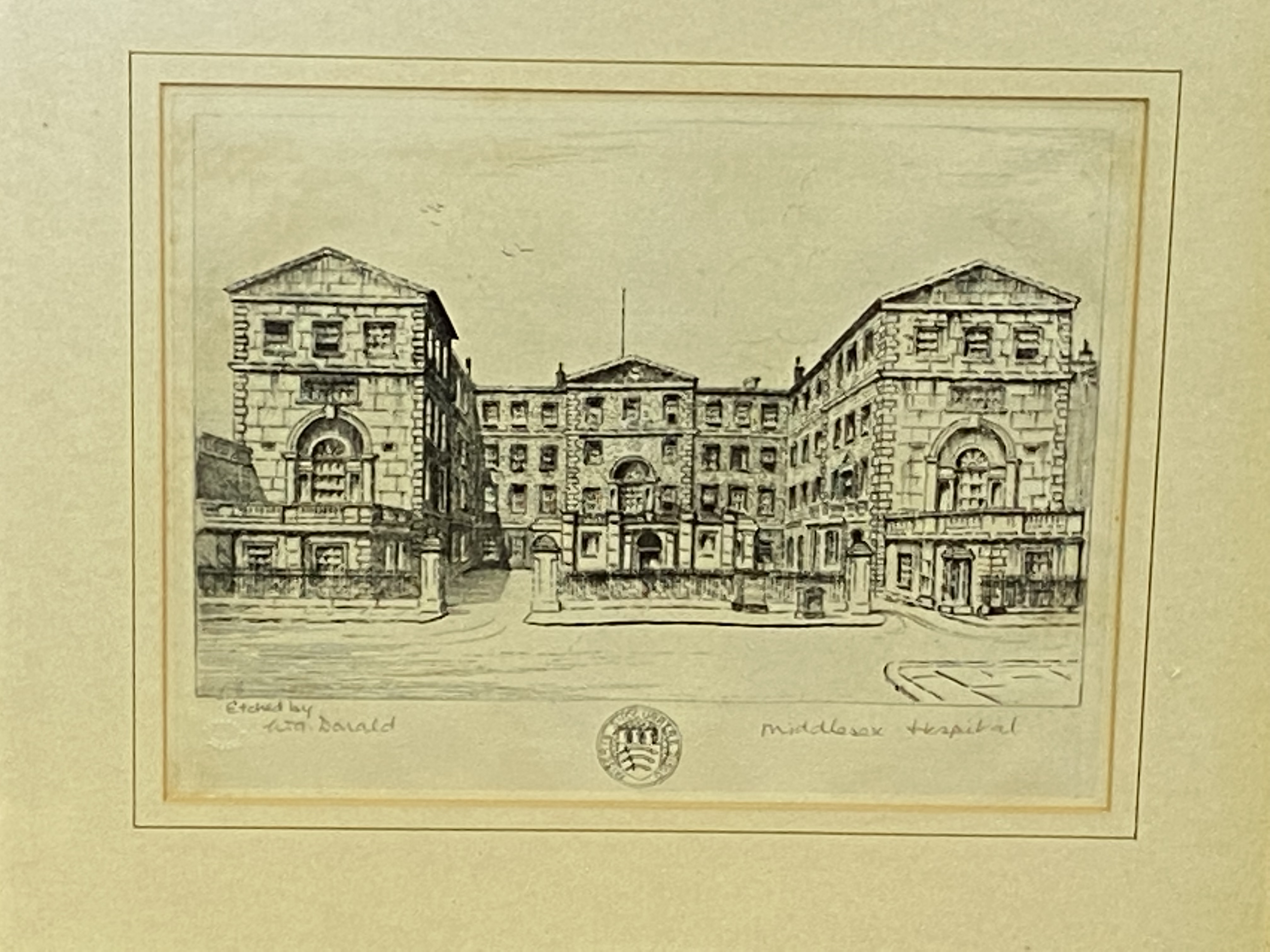 Two framed and glazed watercolours together with a framed and glazed etching of Middlesex Hospital - Image 3 of 3