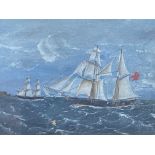 Framed and glazed oil painting of a sailing brig