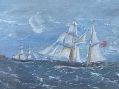 Framed and glazed oil painting of a sailing brig