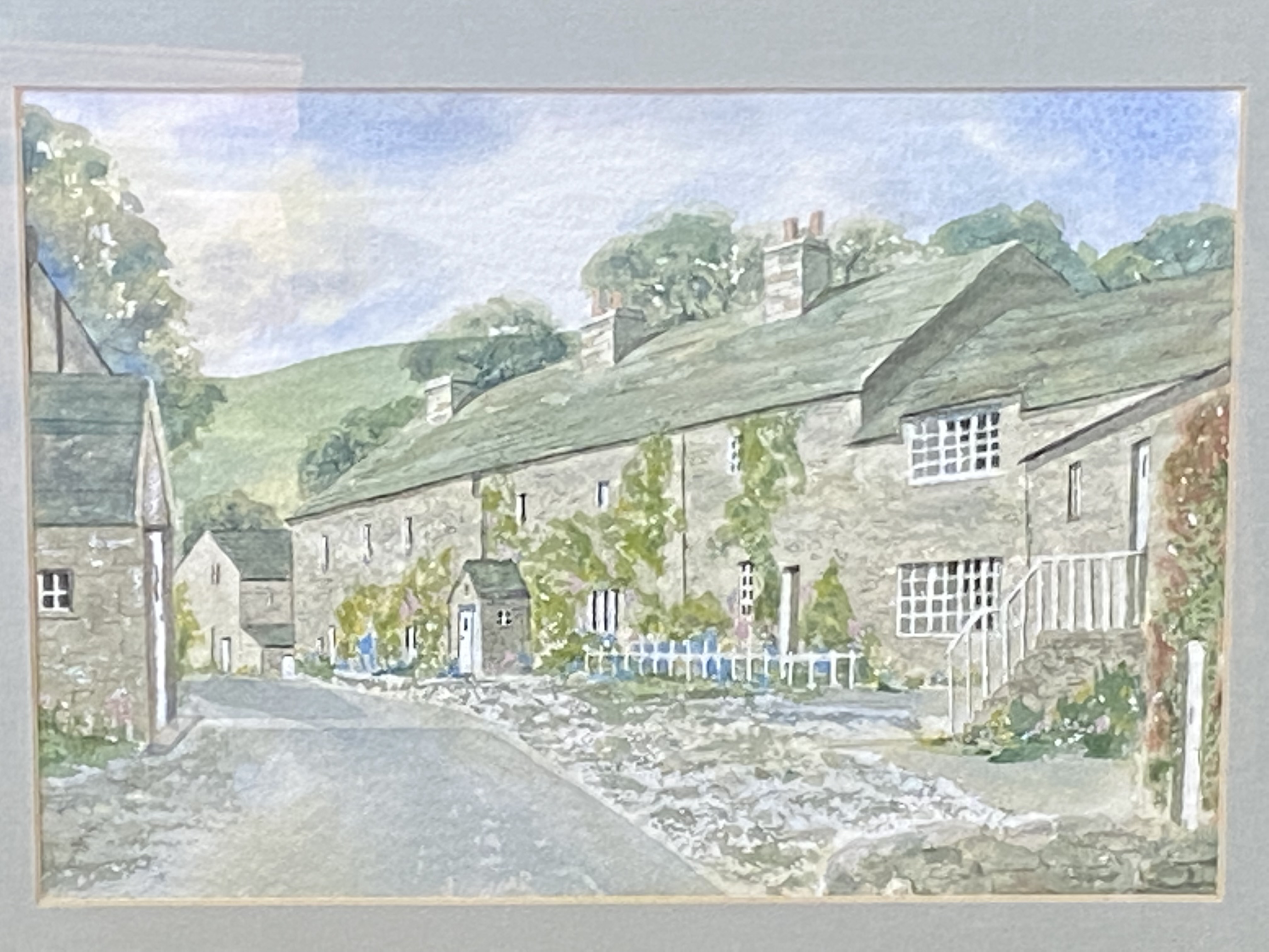Framed and glazed pastel drawing of Boxley Church with a watercolour of a village street - Image 7 of 7