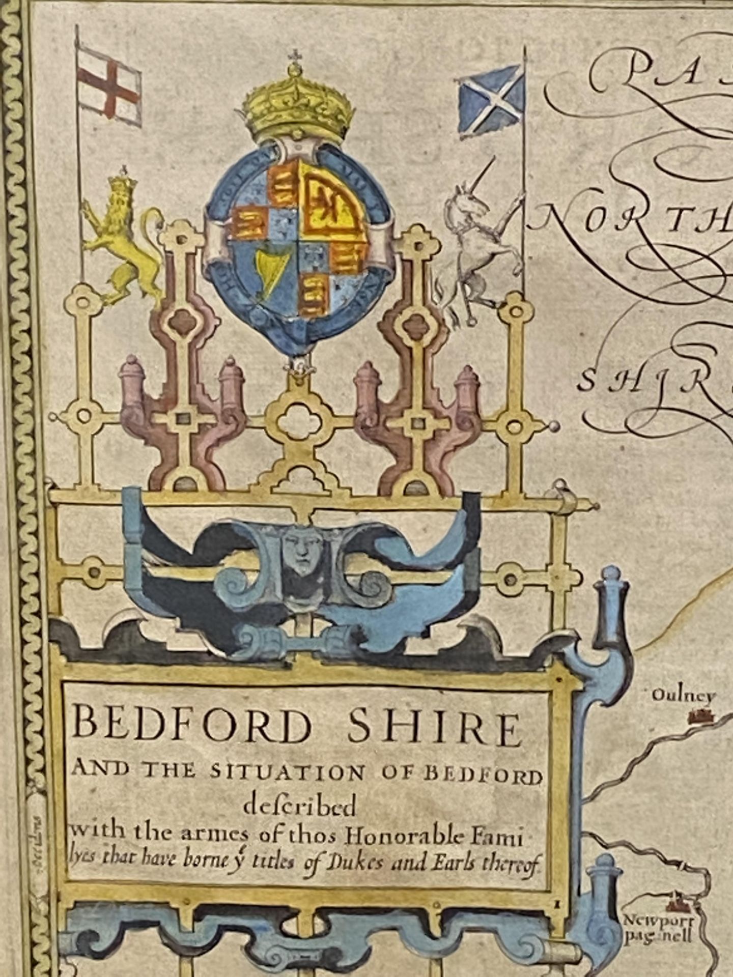 Framed and glazed map of Bedford together with a hand coloured map of Bedfordshire - Image 2 of 11