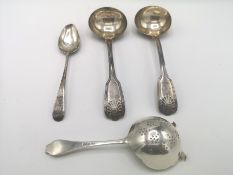 Silver tea strainer and other items