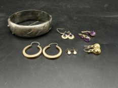 Three pairs of 9ct gold earrings and other items