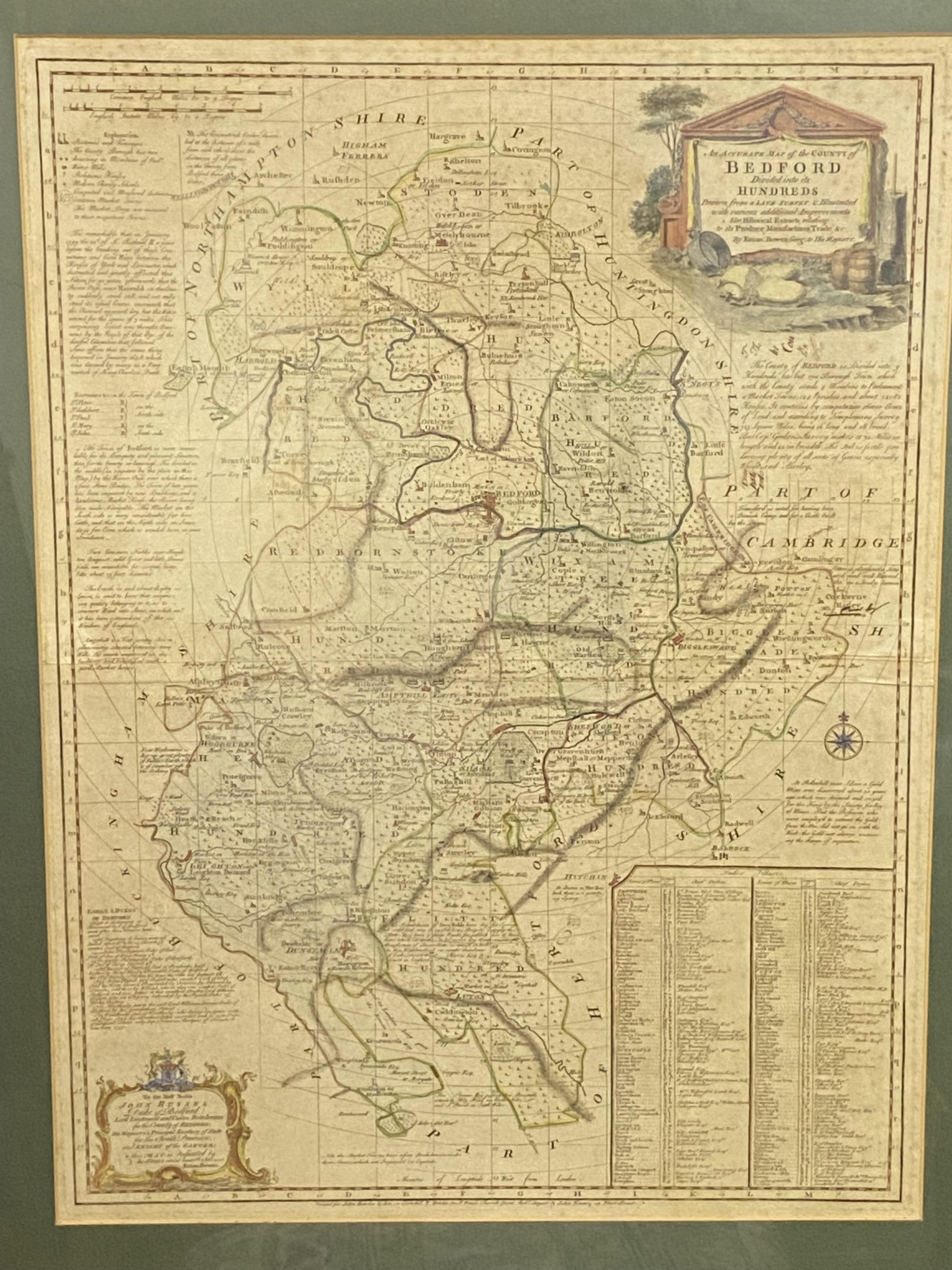 Framed and glazed map of Bedford together with a hand coloured map of Bedfordshire - Image 6 of 11