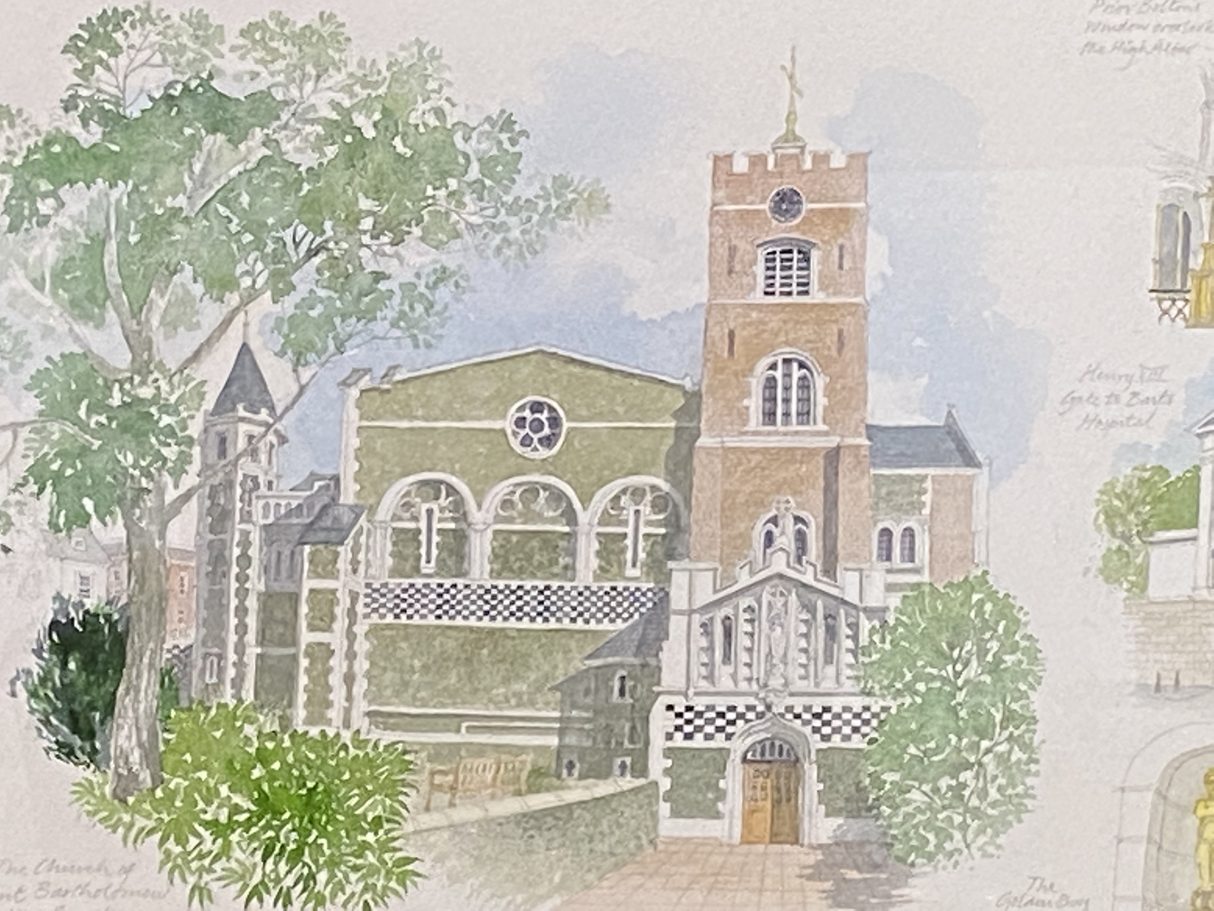 Watercolour of the Church of St. Bartholomew the Great - Image 3 of 5