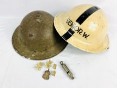 Warden's air raid helmet, a steel military helmet, cap badges and whistle