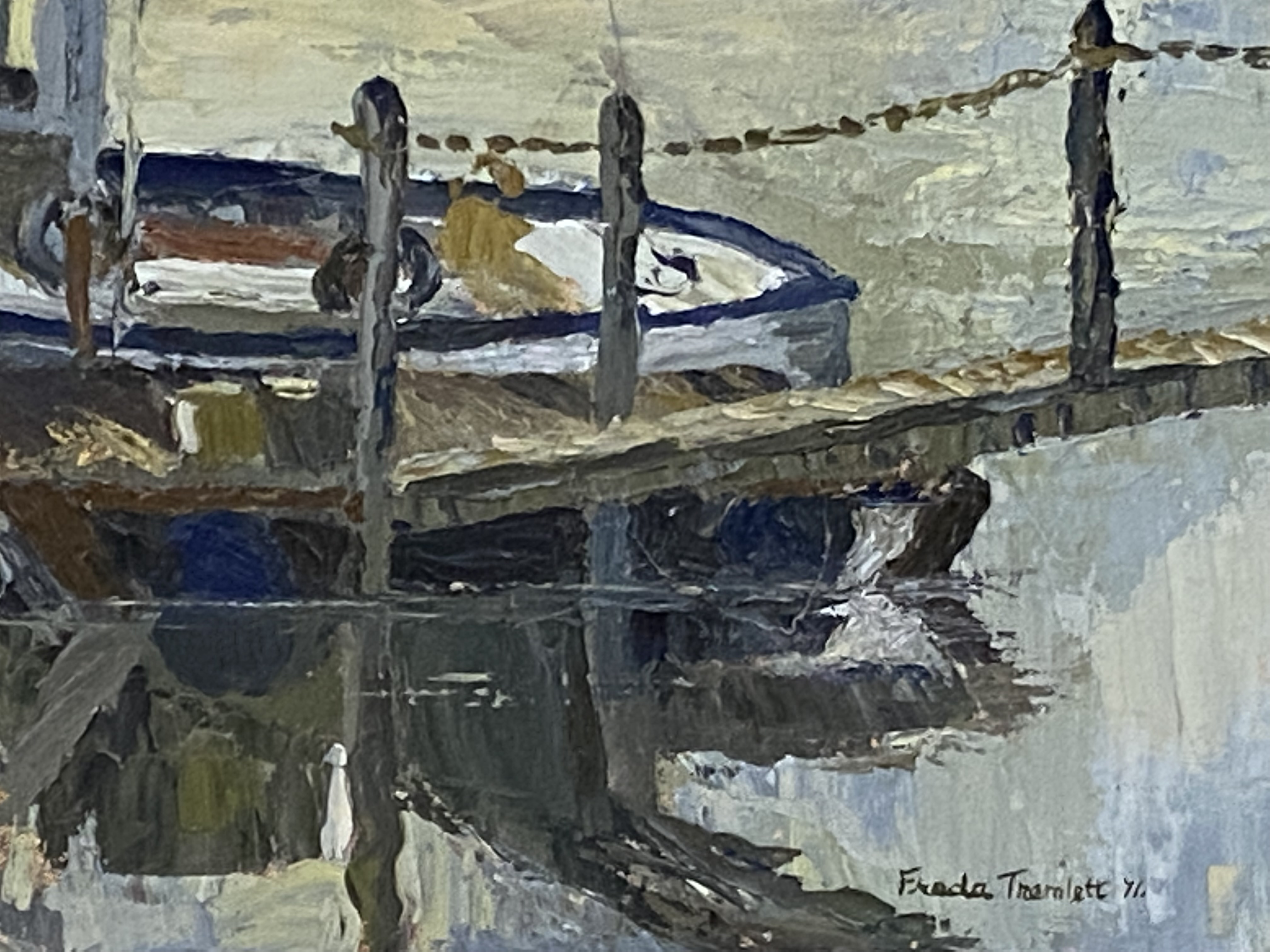 Framed oil on board of a boat in harbour - Image 3 of 4