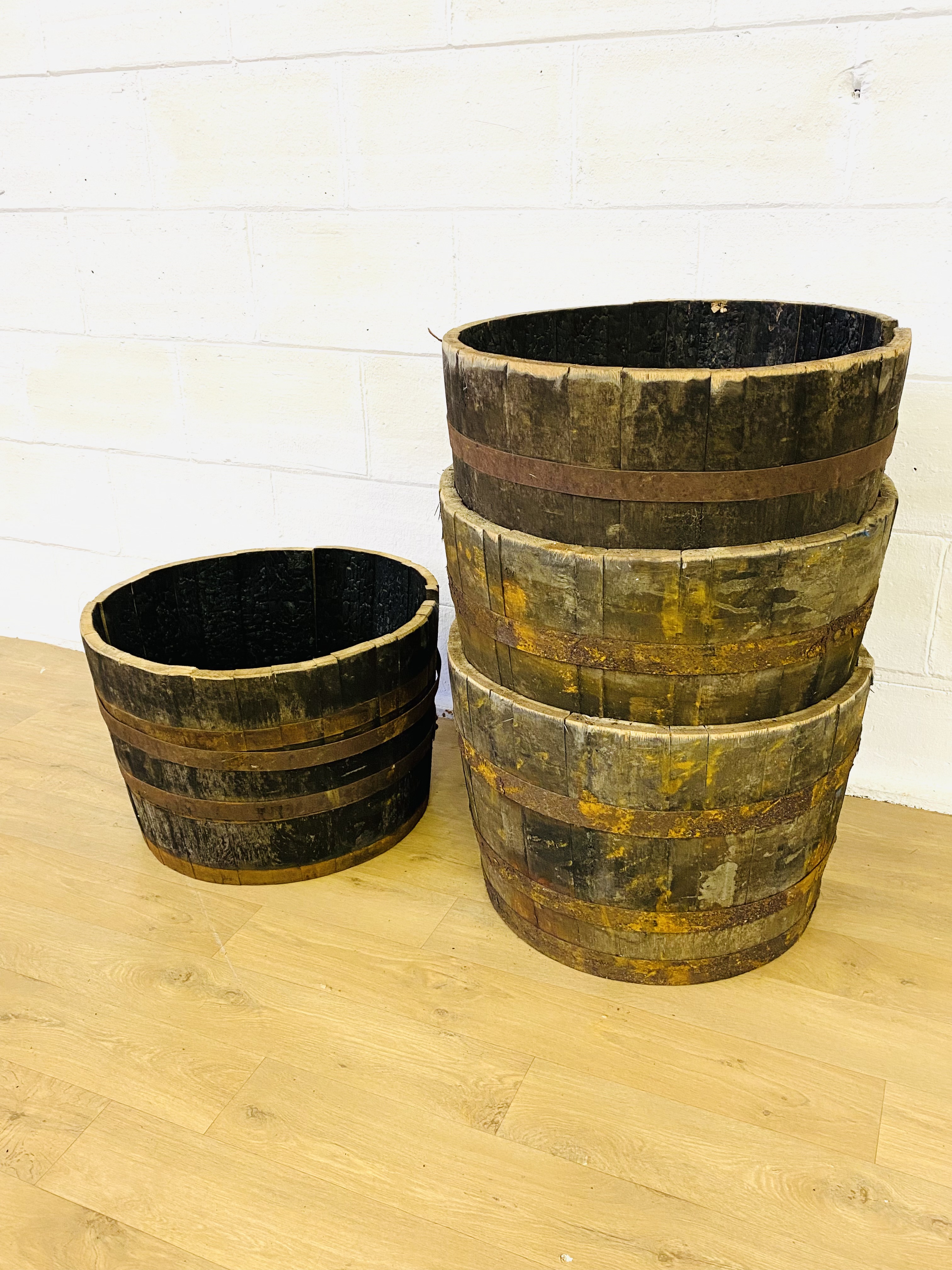 Four wood half barrels with metal bands - Image 3 of 3