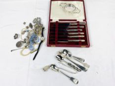 Boxed set of silver handled knives, costume jewellery and other items