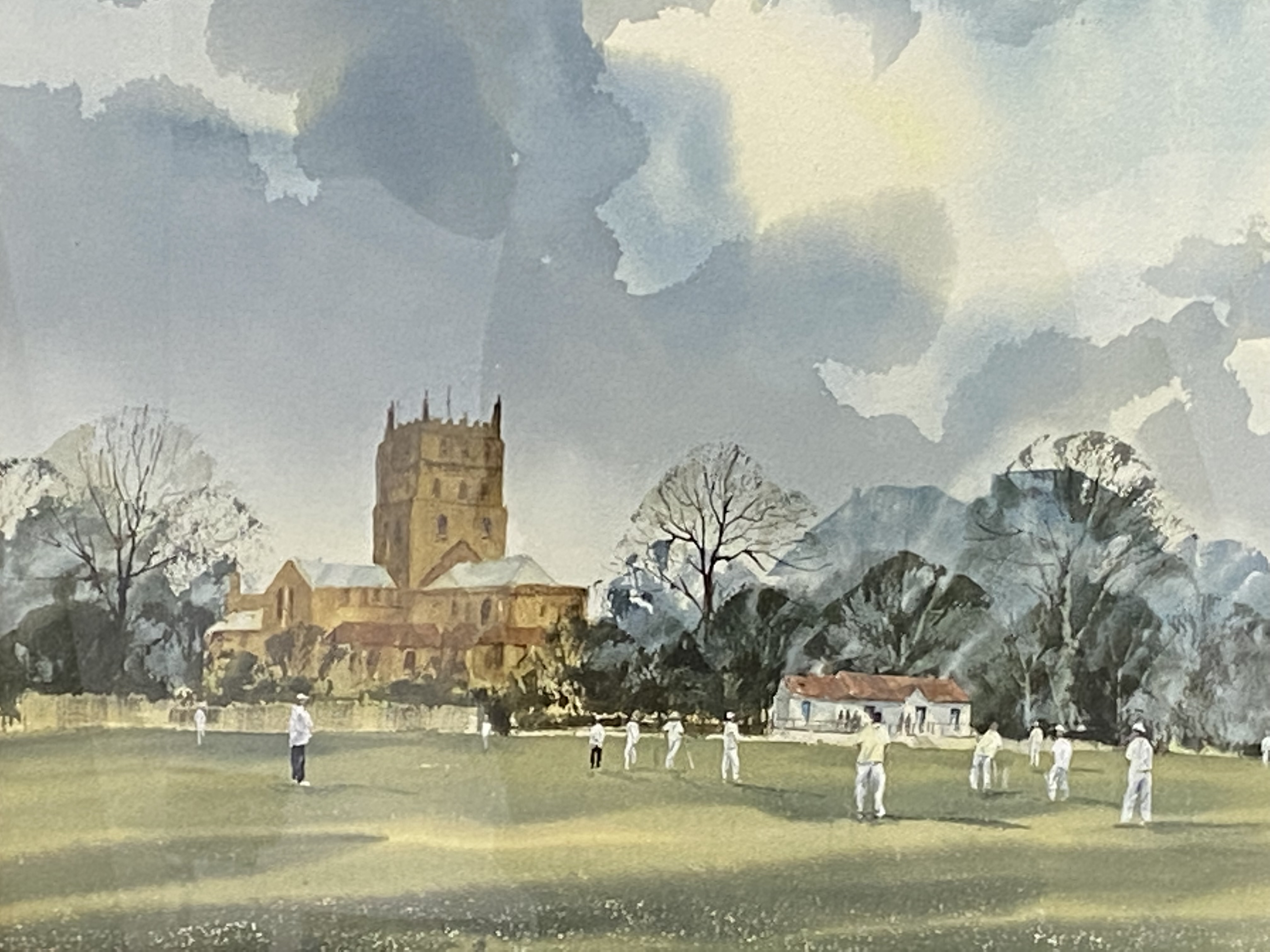 Framed and glazed watercolour of a cricket match - Image 3 of 5