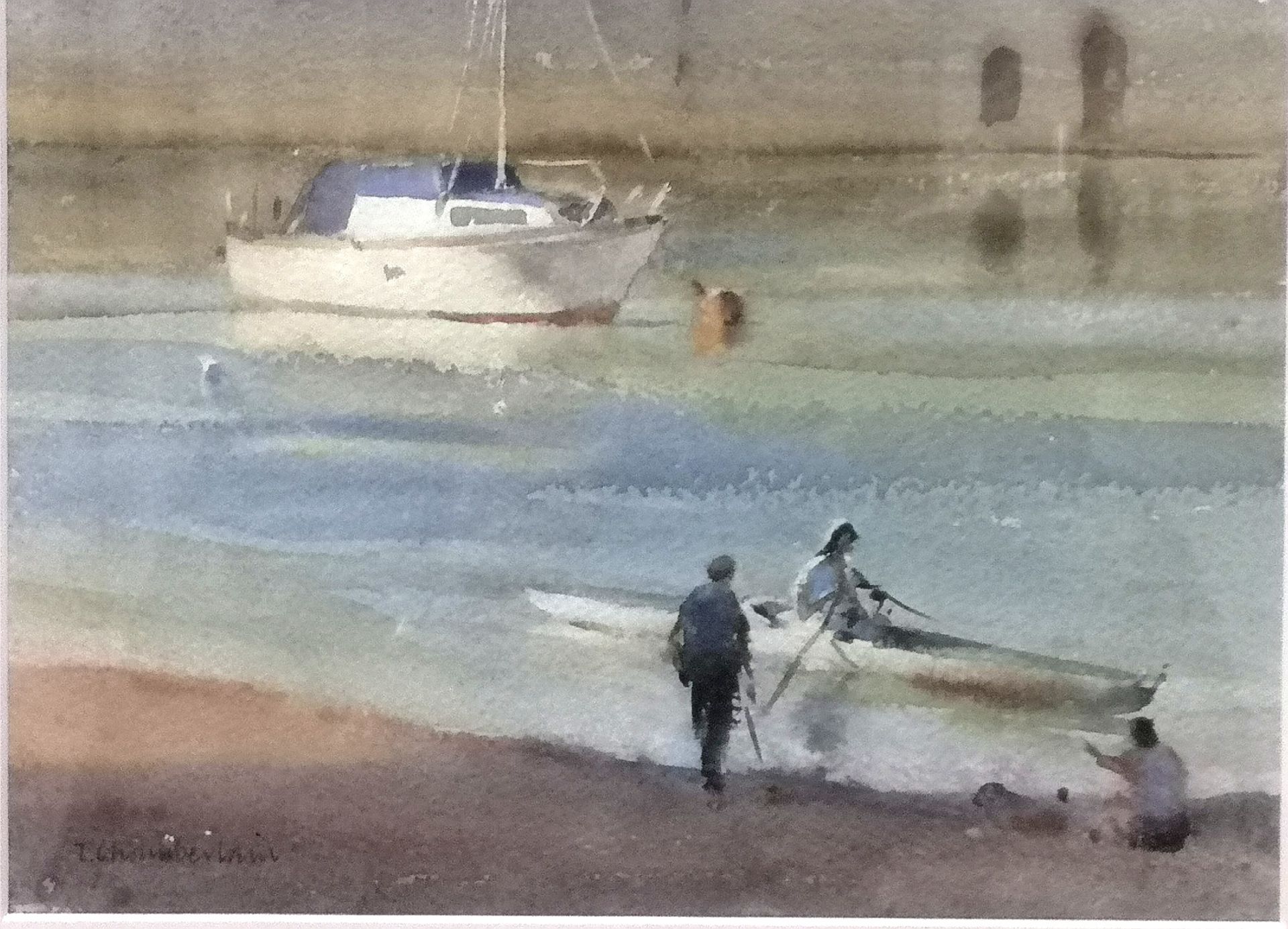 Trevor Chamberlain RSMA ROI (British, b.1933) Framed and glazed watercolour, 'The Rowing Lesson' - Image 2 of 3