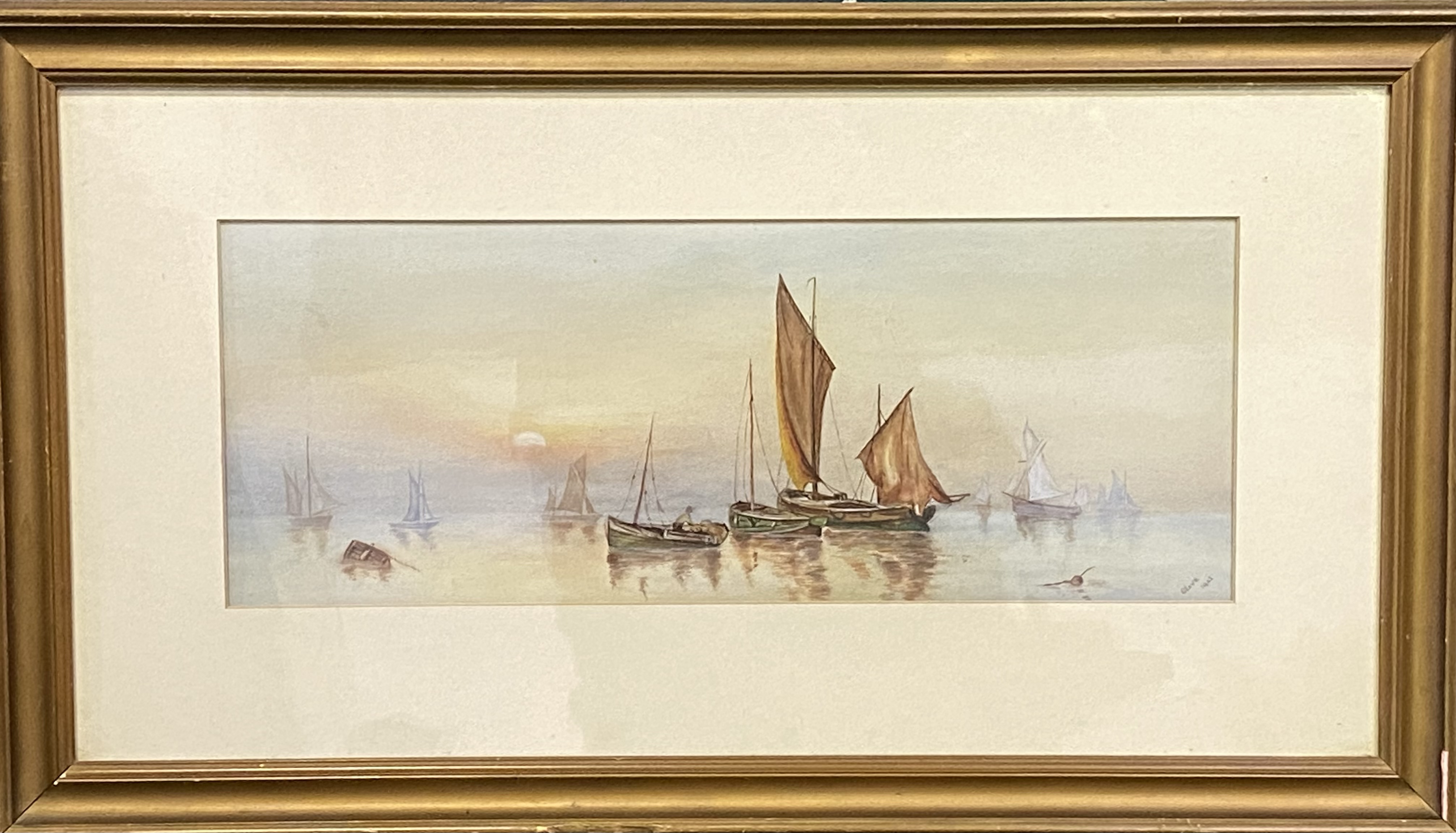 Framed and glazed watercolour of moored boats