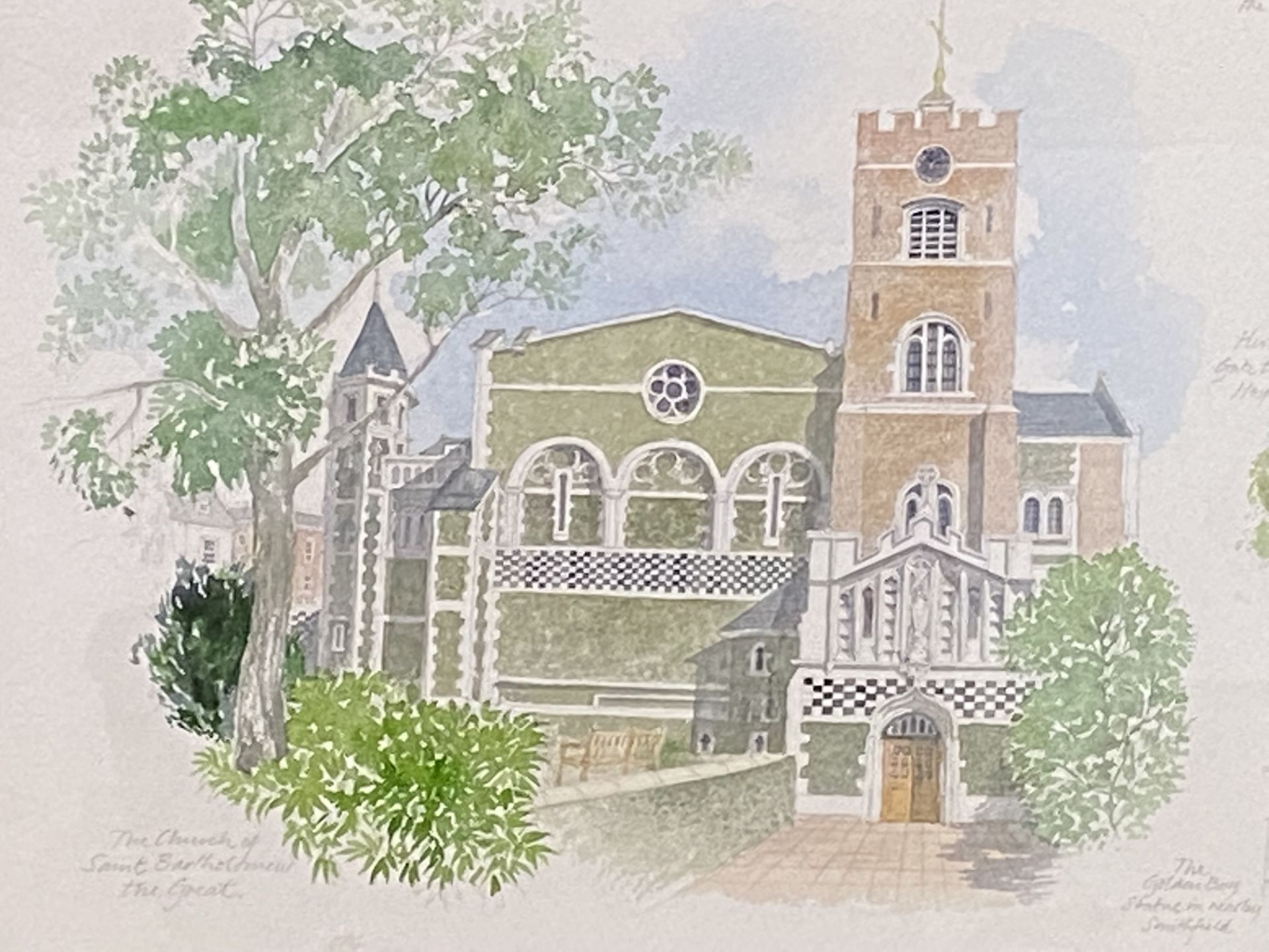 Watercolour of the Church of St. Bartholomew the Great - Image 2 of 5