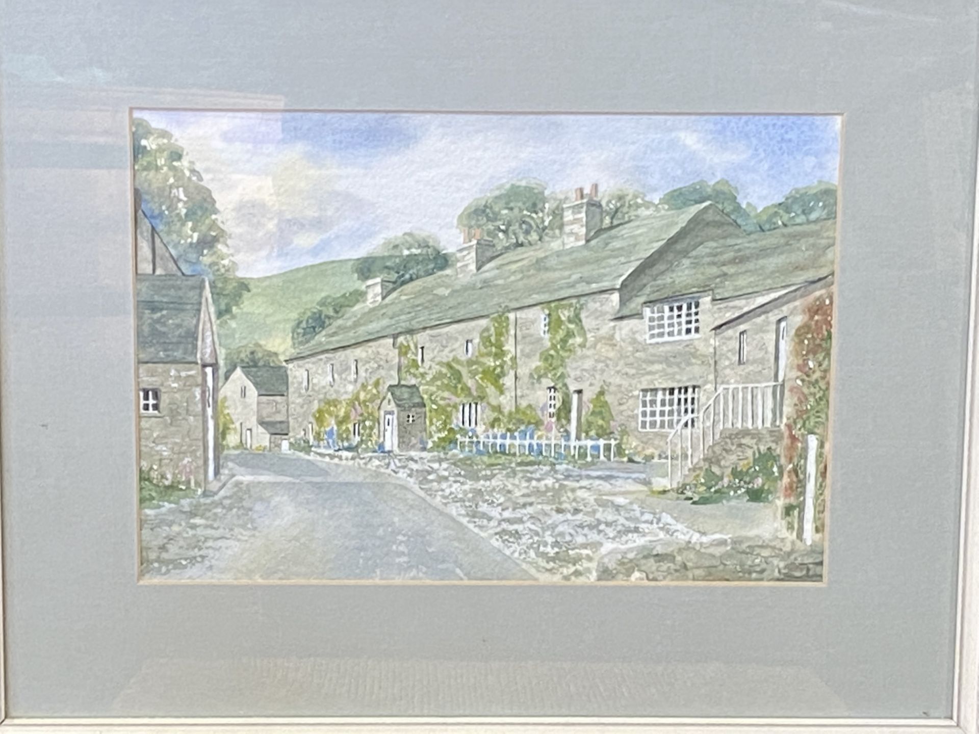 Framed and glazed pastel drawing of Boxley Church with a watercolour of a village street - Image 6 of 7
