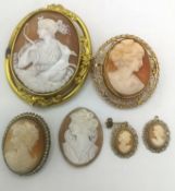 9ct gold set cameo brooch, two cameo pendants and two other cameo brooches