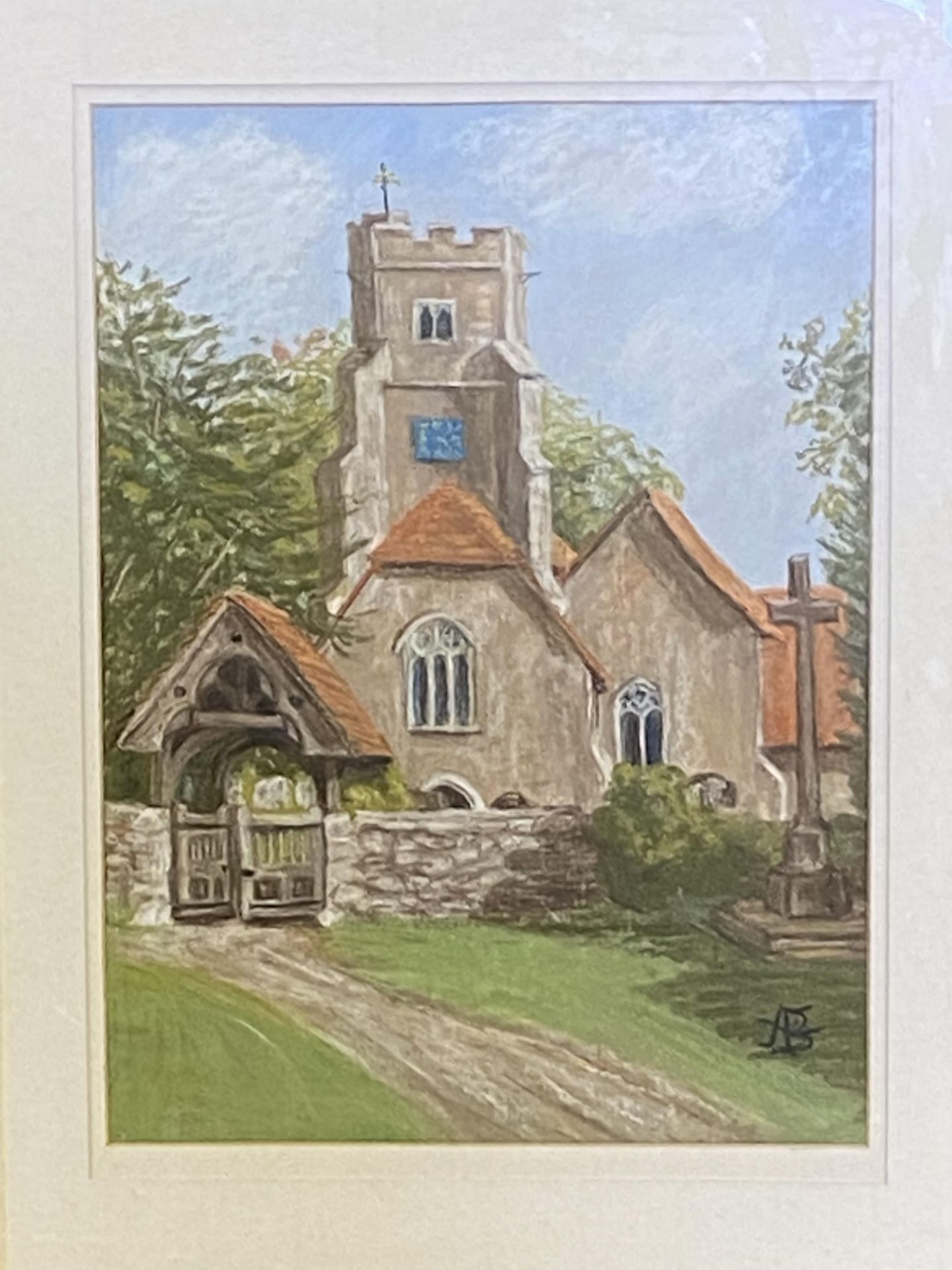 Framed and glazed pastel drawing of Boxley Church with a watercolour of a village street - Image 4 of 7