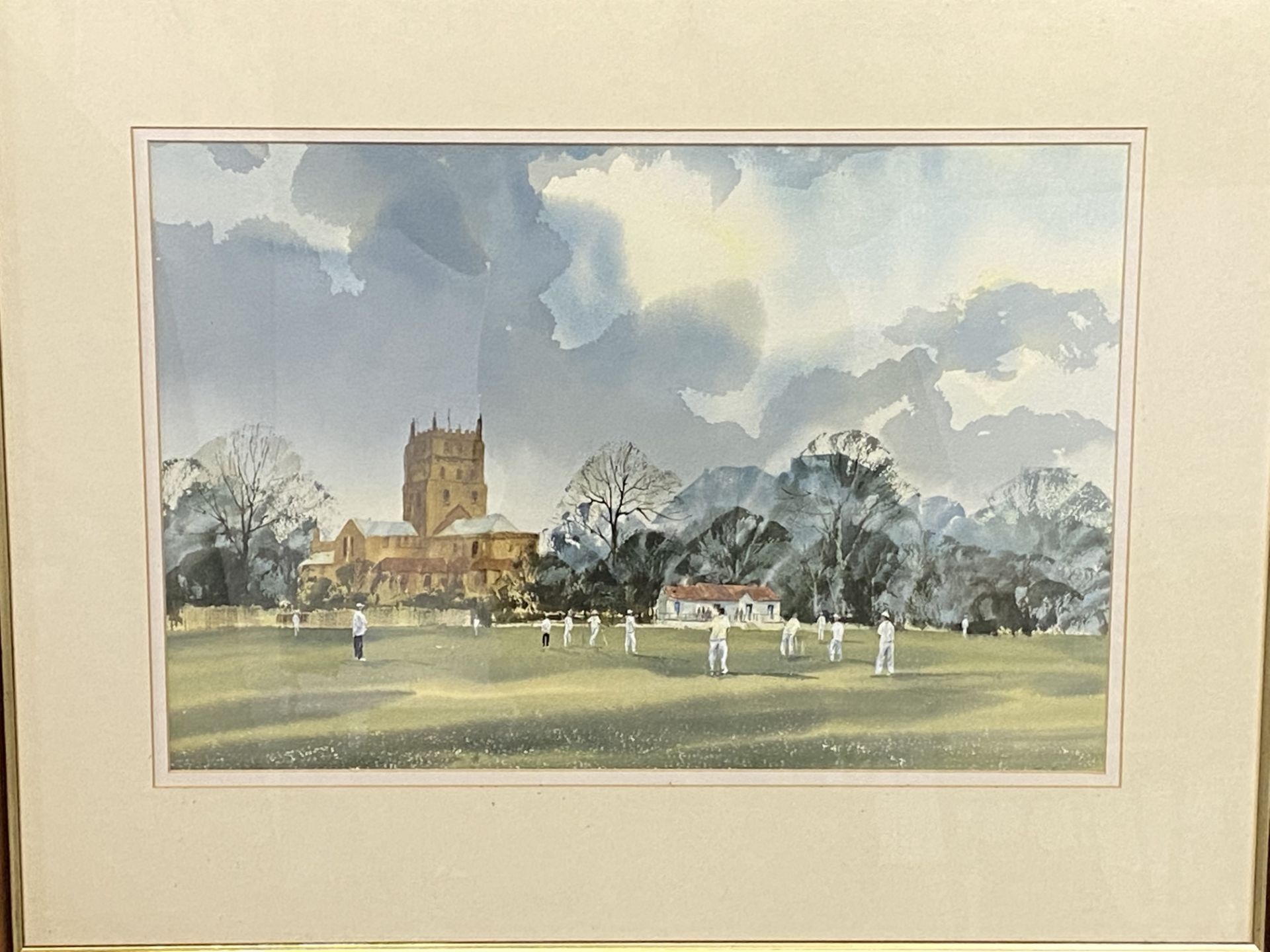 Framed and glazed watercolour of a cricket match - Image 5 of 5