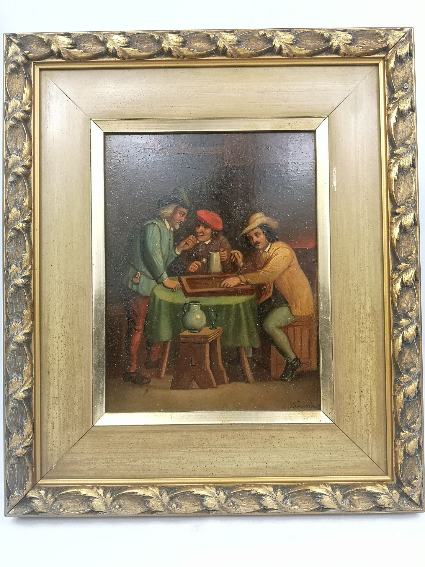 Oil on board of three man in an ale house