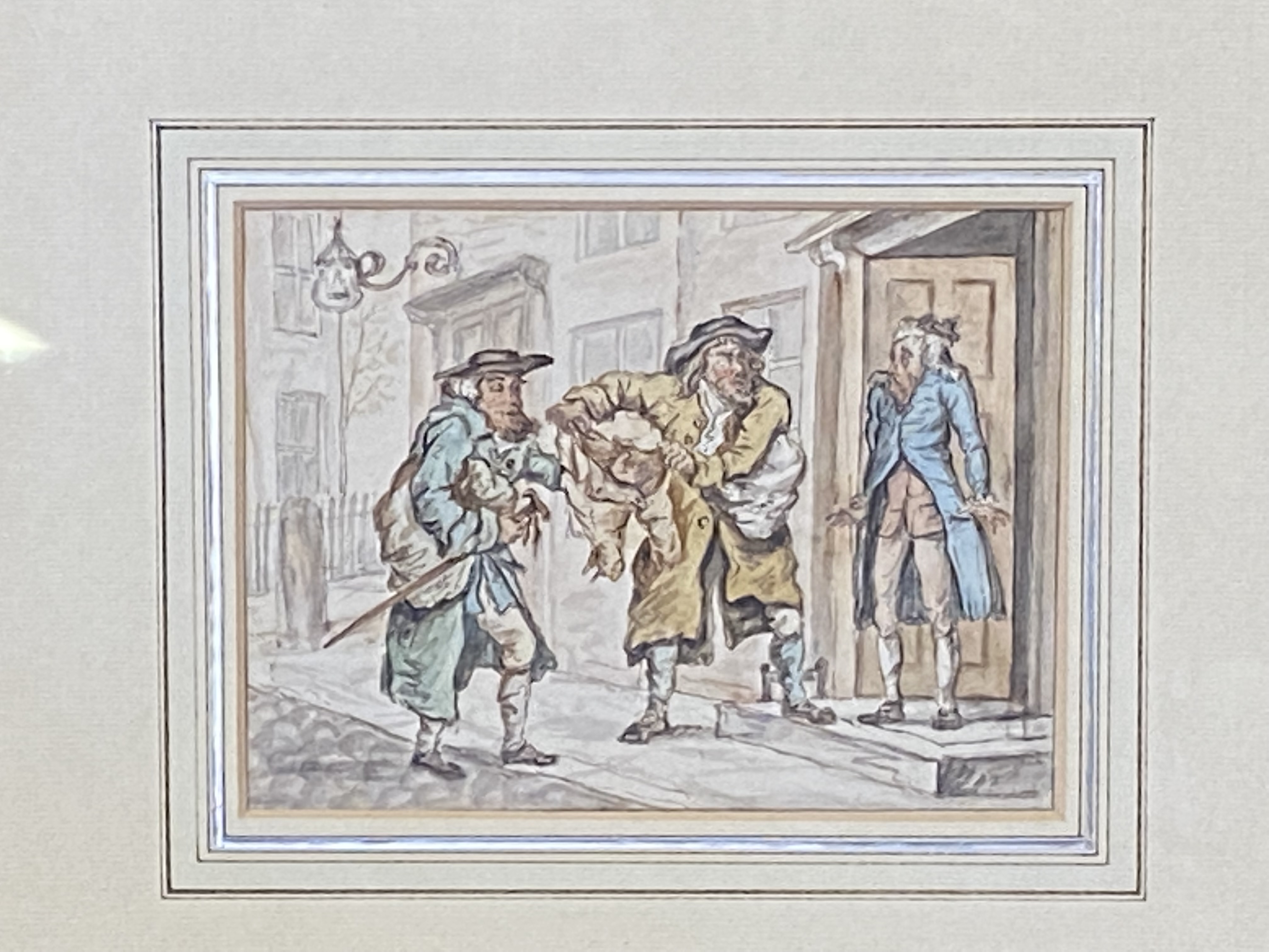 Framed and glazed watercolour, The Old Clothes Dealers, Henry William Bunbury