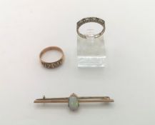 9ct gold brooch, yellow metal bar brooch and a white metal ring