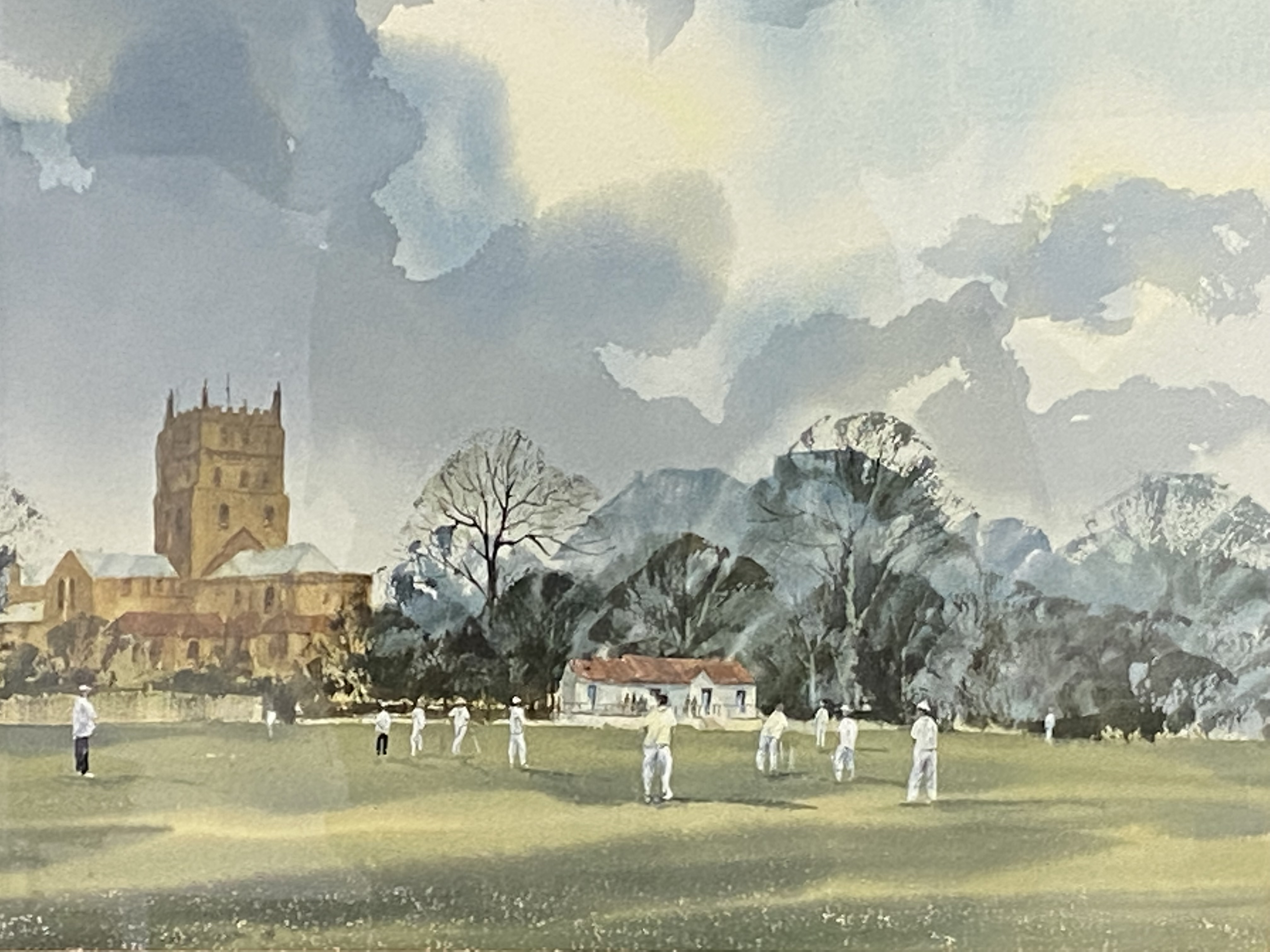 Framed and glazed watercolour of a cricket match - Image 2 of 5