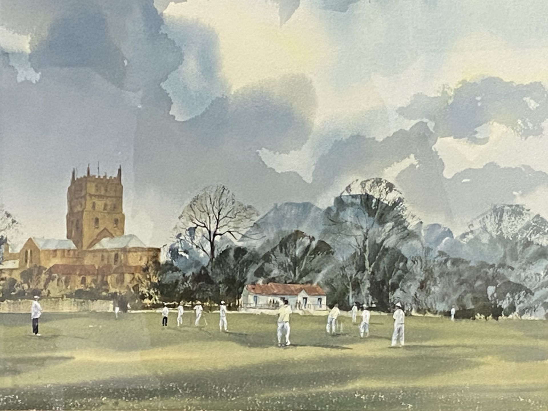 Framed and glazed watercolour of a cricket match - Bild 2 aus 5