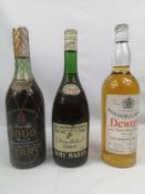 Bottle of Dewars scotch whisky, bottle of brandy and cognac