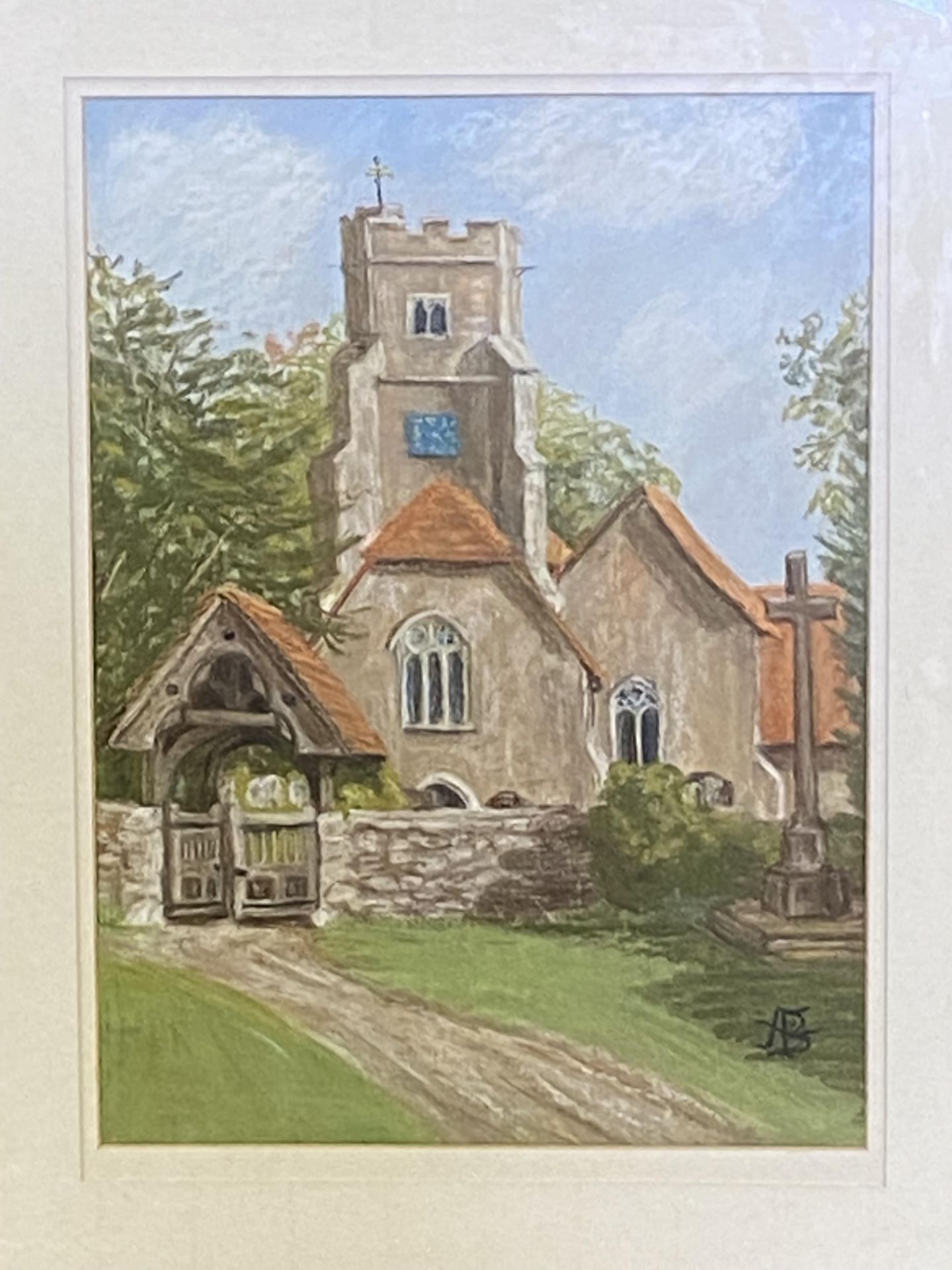 Framed and glazed pastel drawing of Boxley Church with a watercolour of a village street