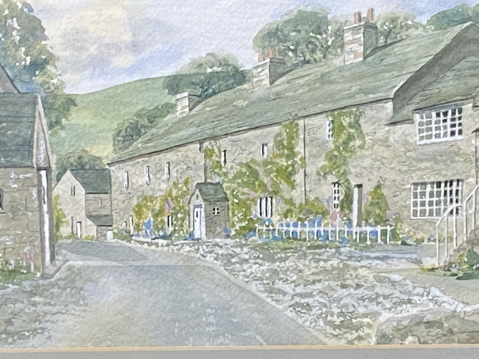 Framed and glazed pastel drawing of Boxley Church with a watercolour of a village street - Image 5 of 7