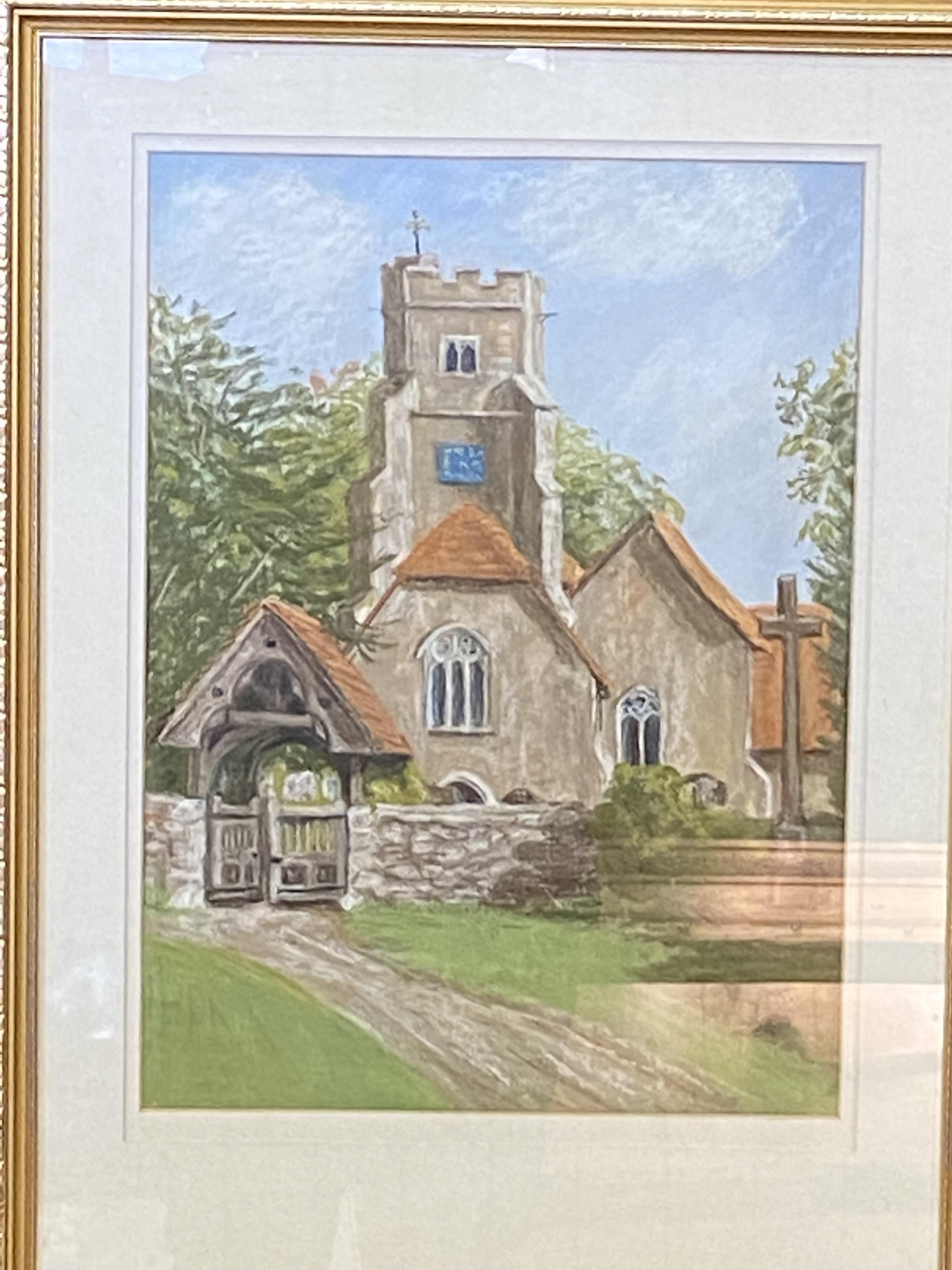 Framed and glazed pastel drawing of Boxley Church with a watercolour of a village street - Image 2 of 7