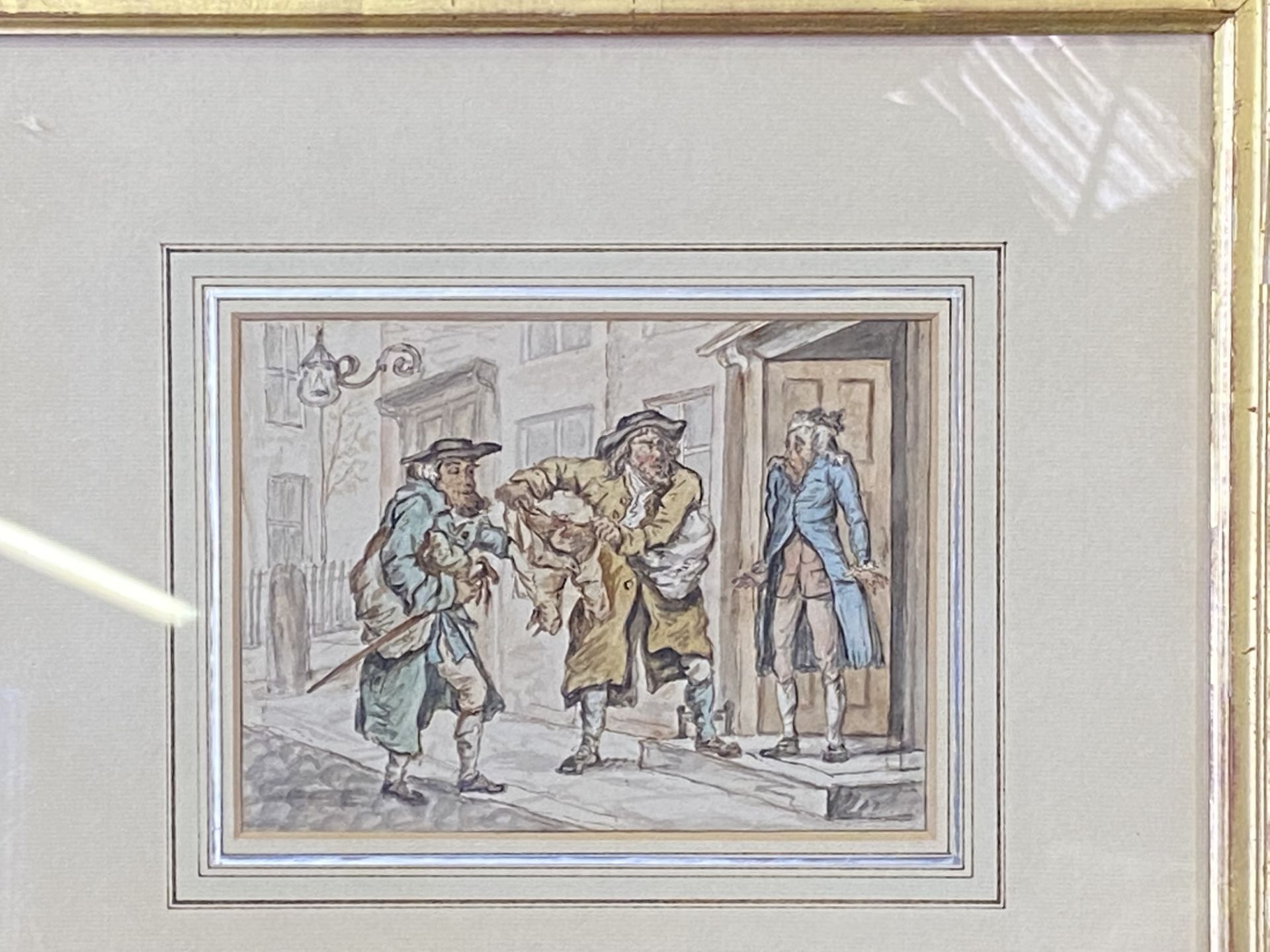 Framed and glazed watercolour, The Old Clothes Dealers, Henry William Bunbury - Image 2 of 3