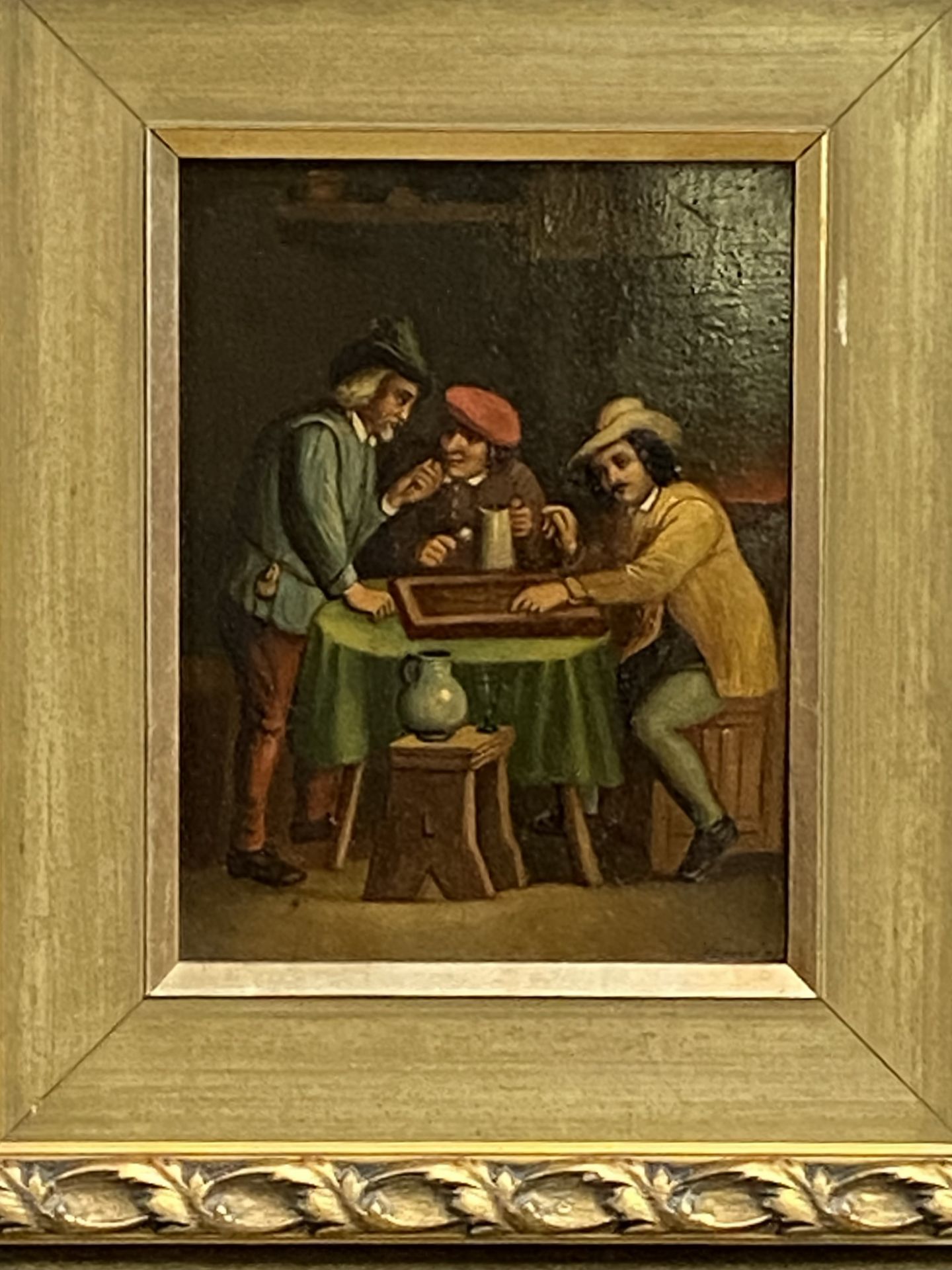 Oil on board of three man in an ale house - Image 3 of 4