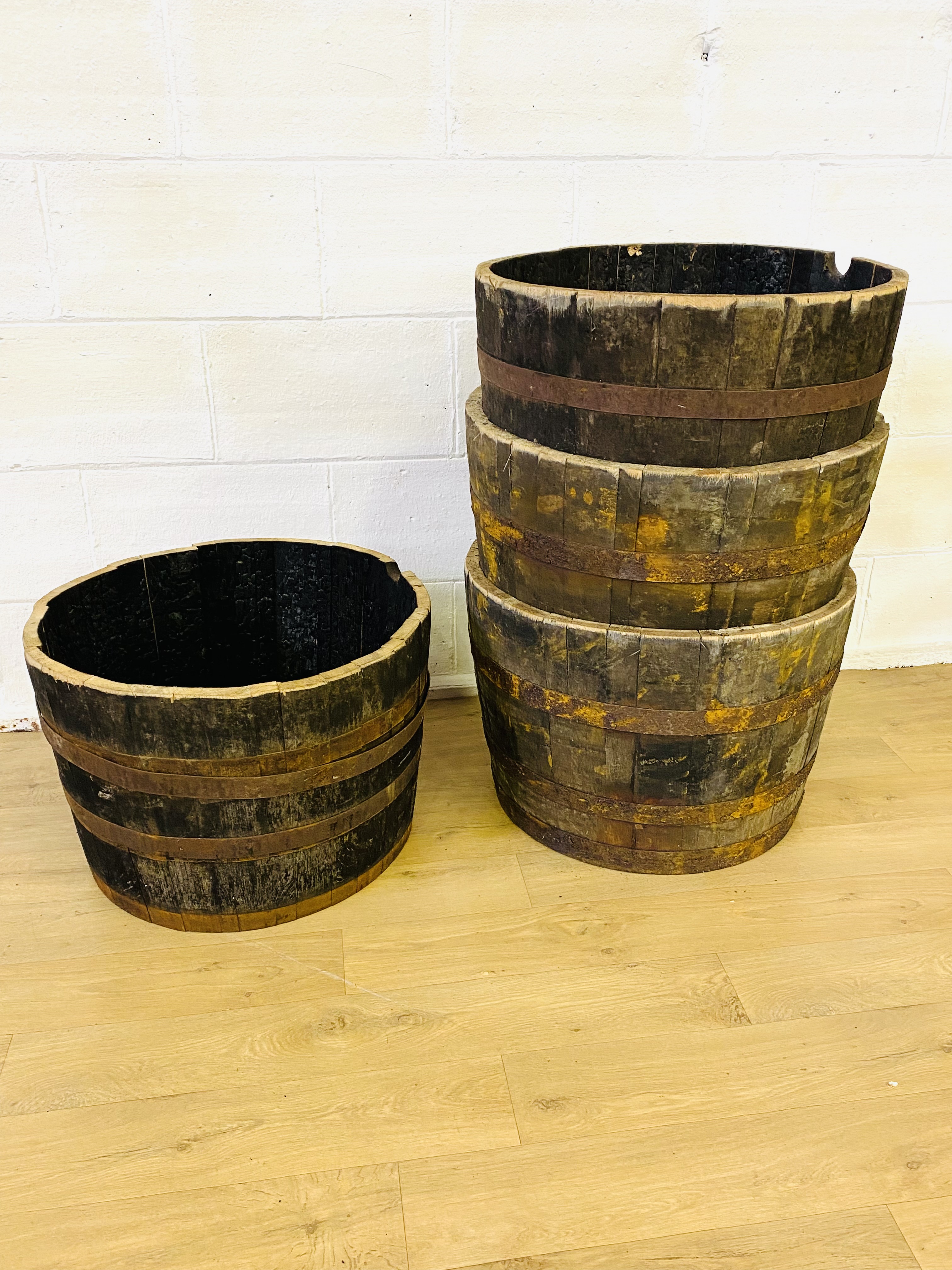 Four wood half barrels with metal bands - Image 2 of 3