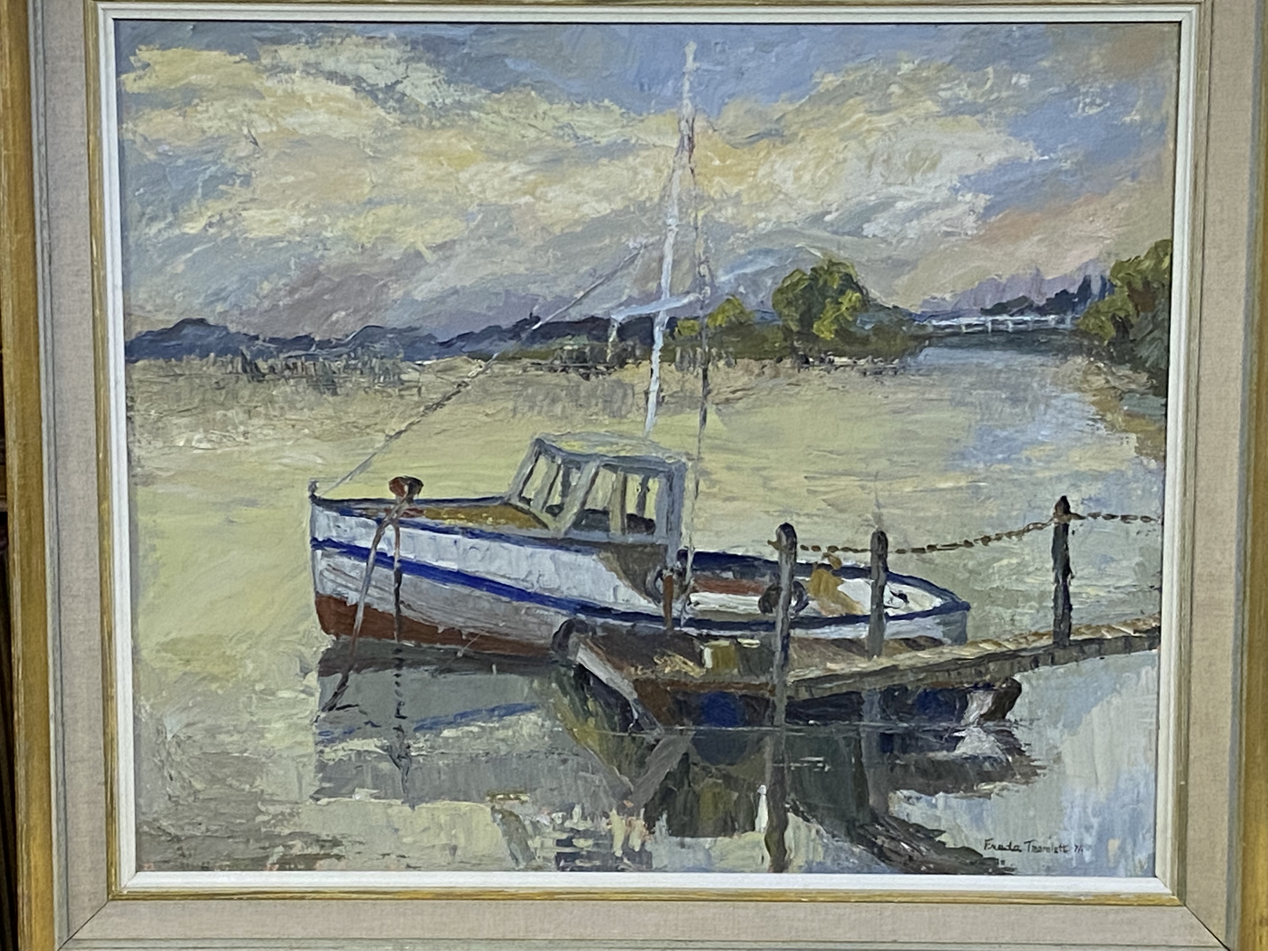 Framed oil on board of a boat in harbour - Image 4 of 4