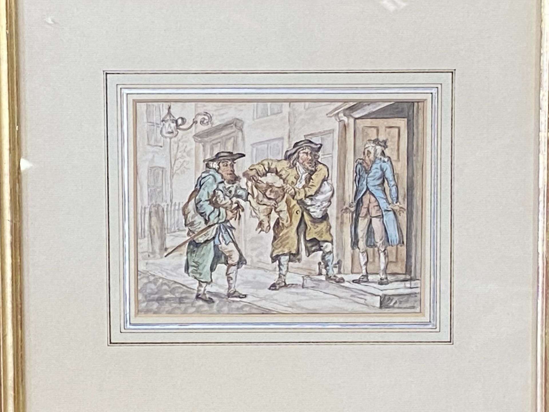 Framed and glazed watercolour, The Old Clothes Dealers, Henry William Bunbury - Image 3 of 3
