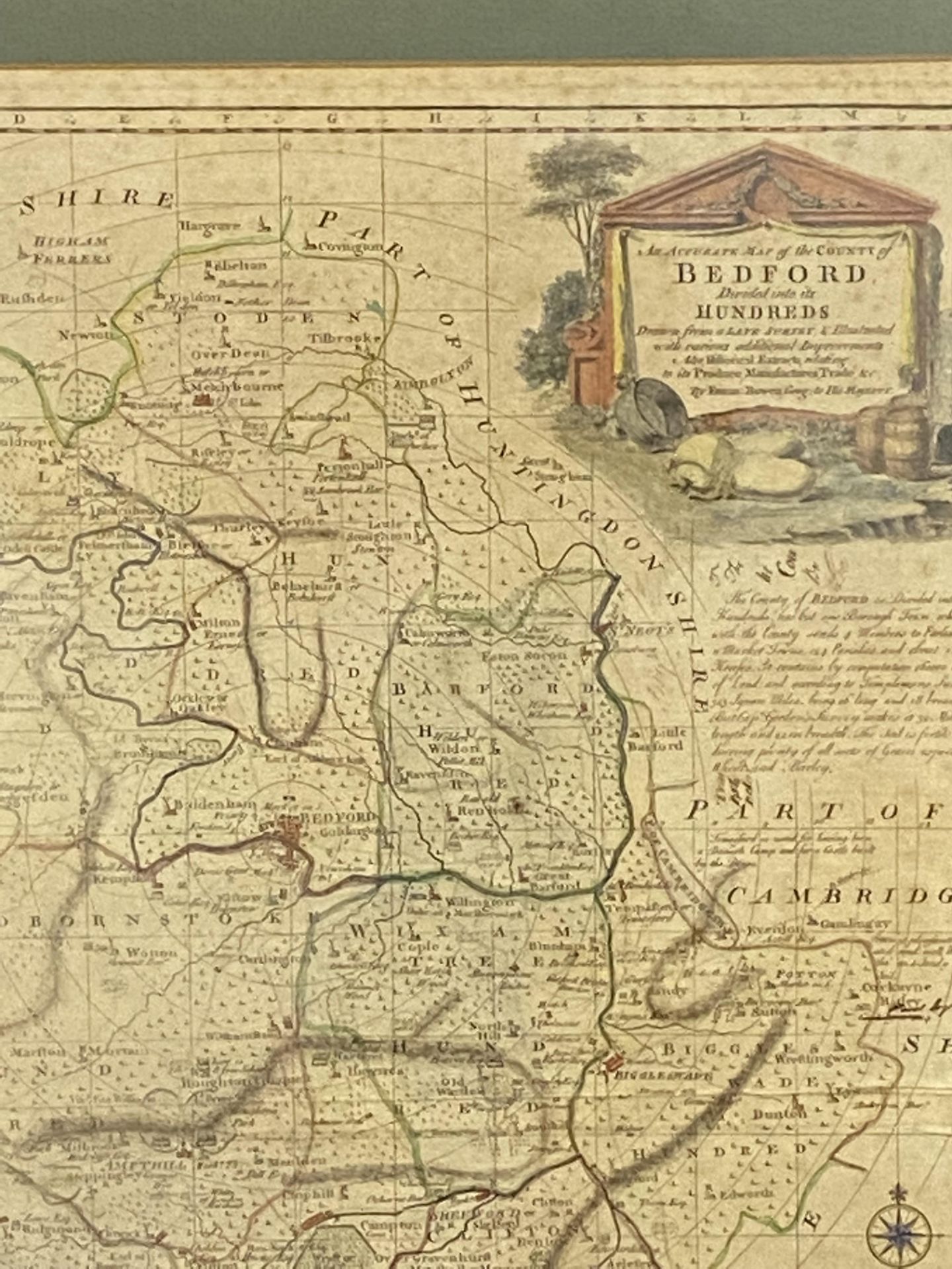 Framed and glazed map of Bedford together with a hand coloured map of Bedfordshire - Image 7 of 11