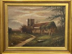 Framed oil of a country church