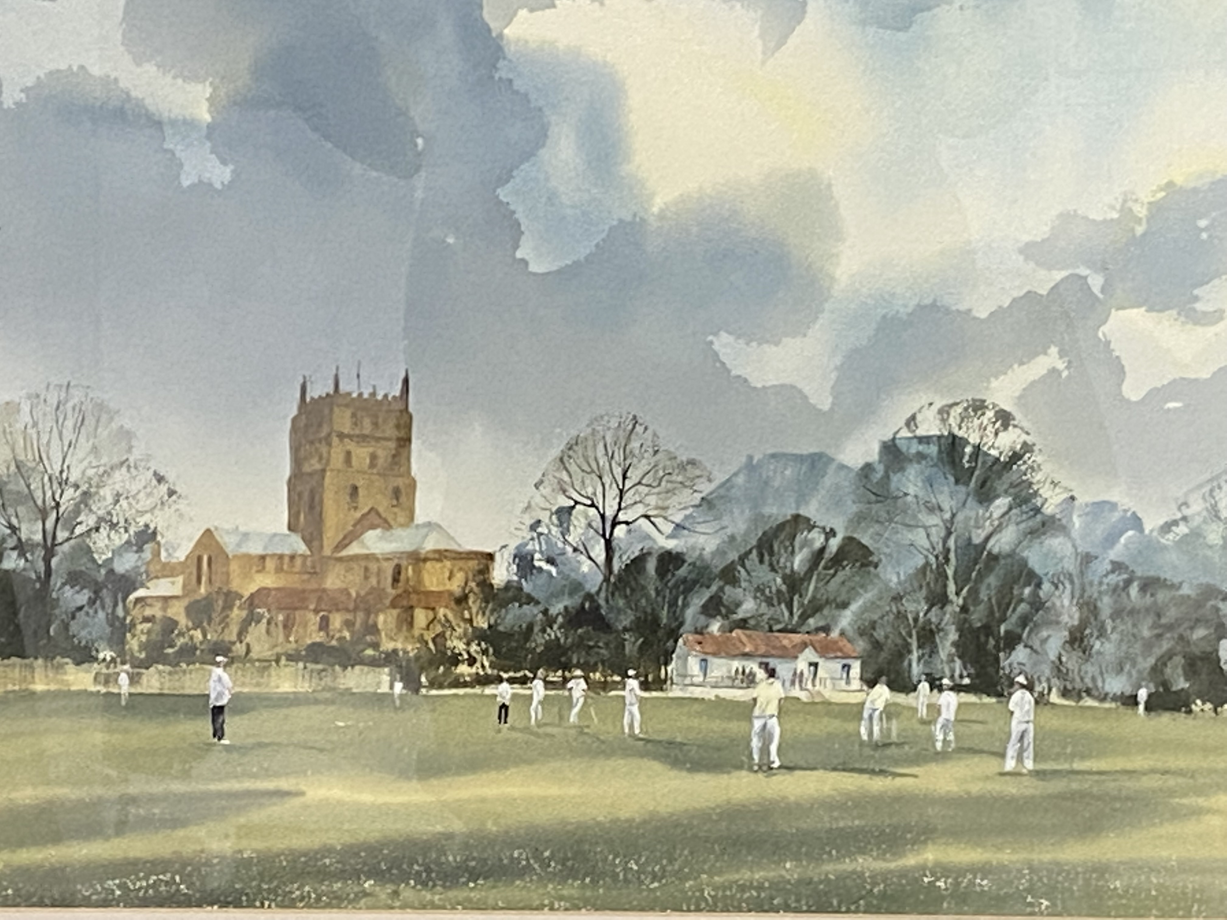 Framed and glazed watercolour of a cricket match