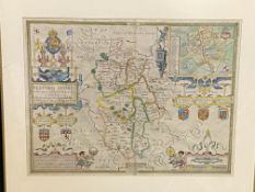 Framed and glazed map of Bedford together with a hand coloured map of Bedfordshire