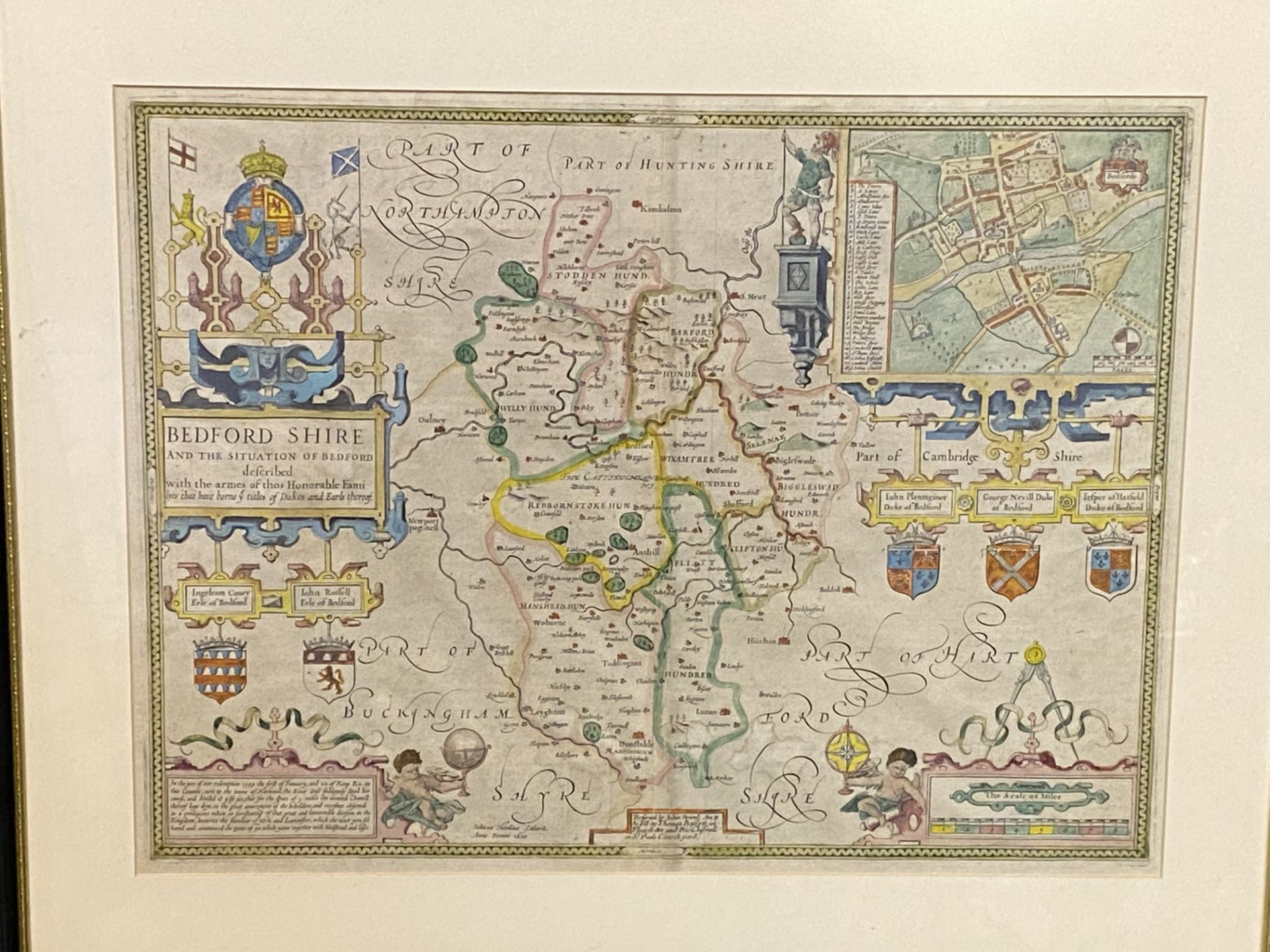 Framed and glazed map of Bedford together with a hand coloured map of Bedfordshire